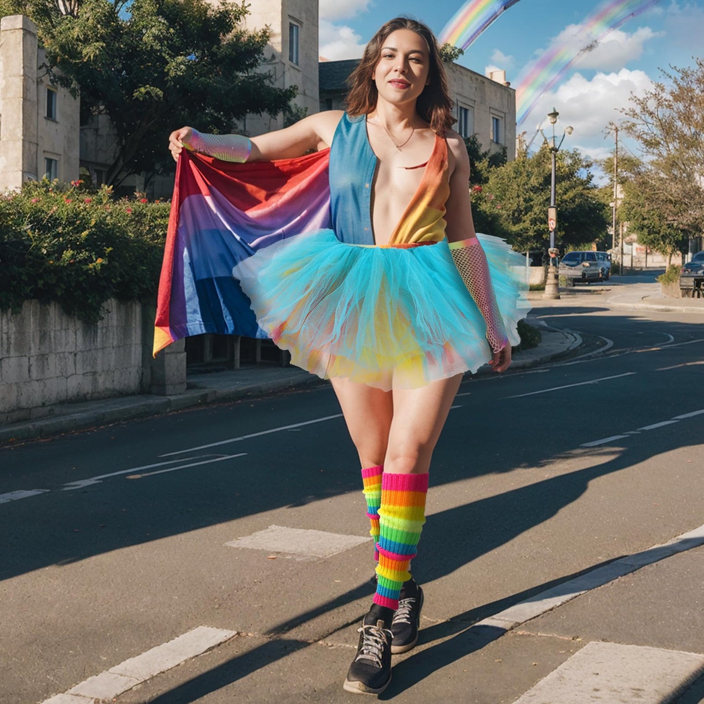 Junely Rainbow Tutu for Women Adults and Leg Warmers and Fingerless Gloves Pride Accessories for Ballet Dance Running