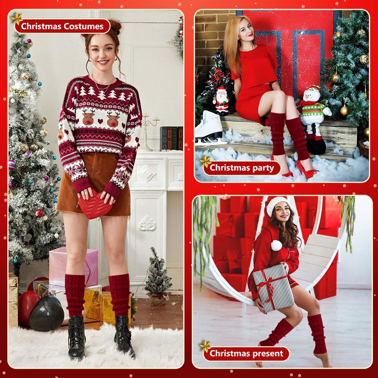 Junely Leg Warmers Christmas Leg Warmer Knit Legwarmers Neon for Winter 80s Ballet Dance Figure Skating Ice Skating Boot Wine Red