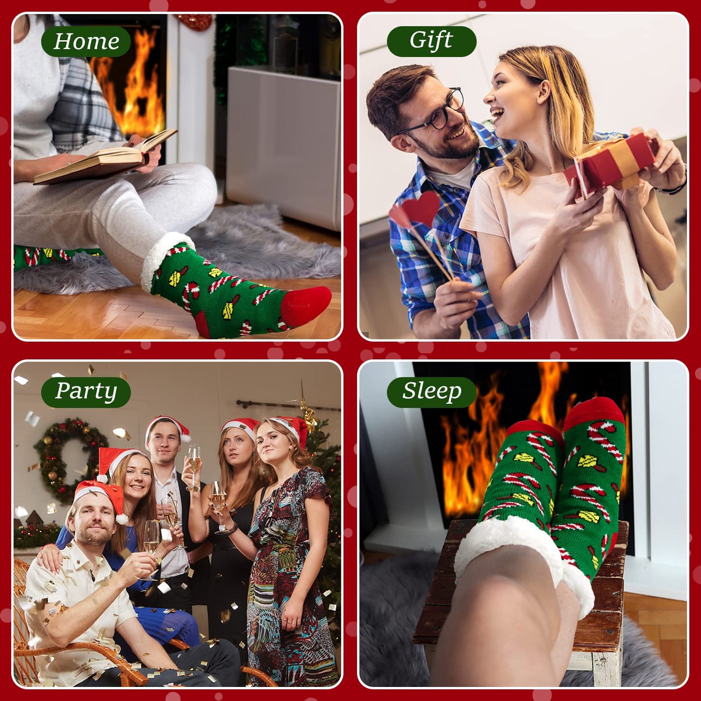 Junely Christmas Slipper Socks for Women with Grippers Non Slip Fuzzy Grip Winter Warm Cozy Thick Comfy Soft Fleece Cabin Socks Green