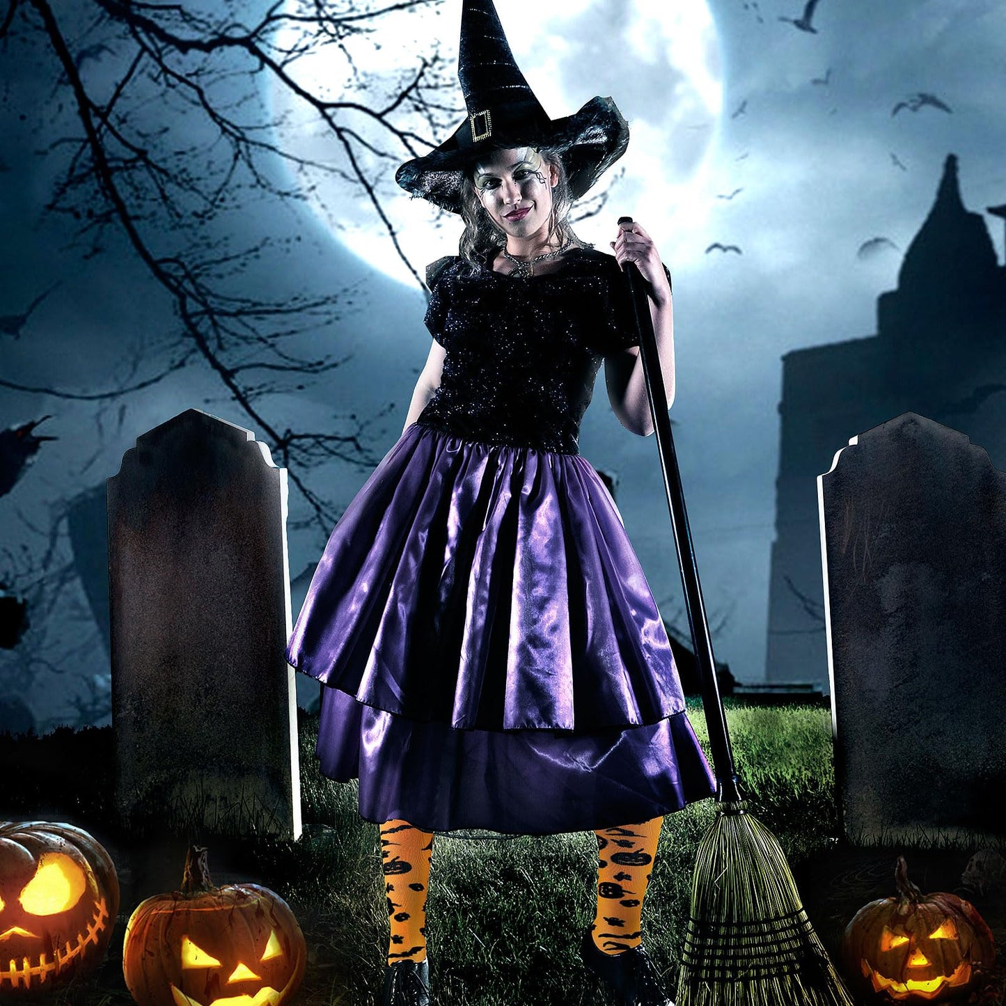 Junely Halloween Compression Socks for Women Witch Knee High Stockings for Running Athletic Nurses Pregnant Women Work Support Travel Flight Sports Gifts Orange