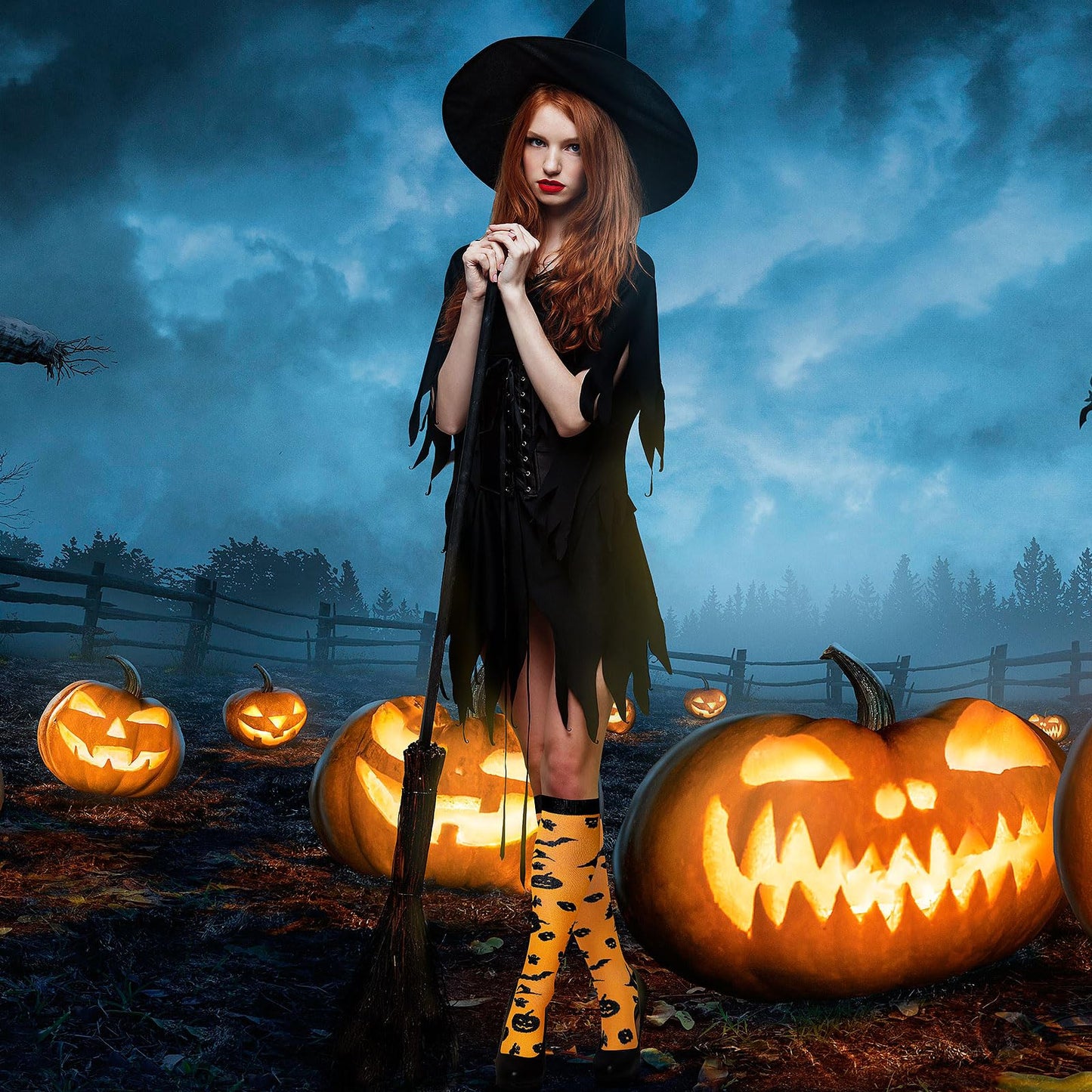 Junely Halloween Compression Socks for Women Witch Knee High Stockings for Running Athletic Nurses Pregnant Women Work Support Travel Flight Sports Gifts Orange