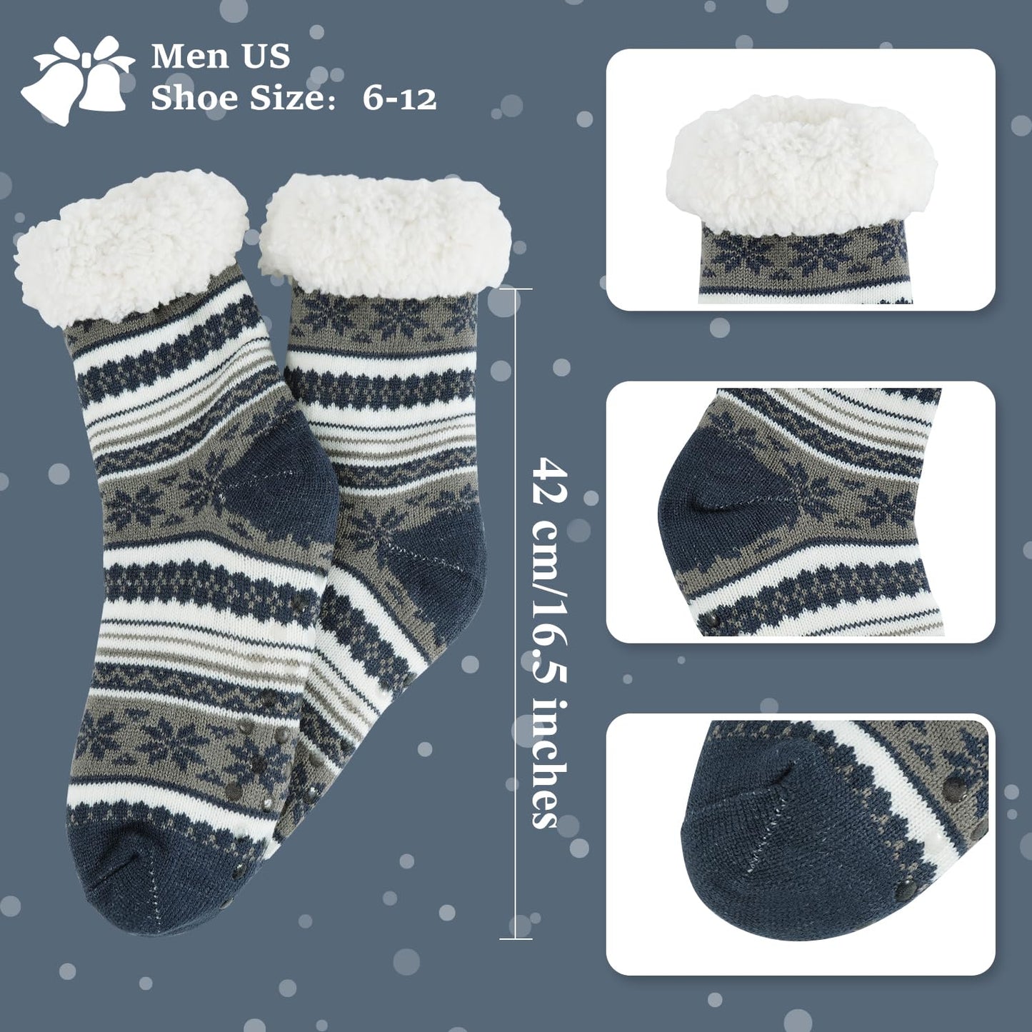 Junely Slipper Socks for Men with Grippers Fuzzy Cozy Fluffy Non Slip Warm Winter Thick Comfy Soft Fleece Cabin Socks Christmas Gifts Snowflake Blue