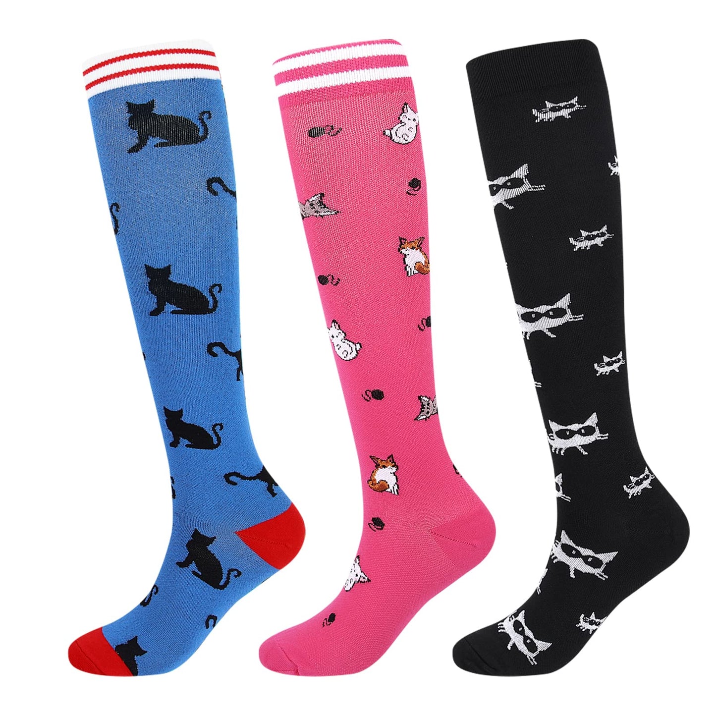 Junely Compression Socks for Women Cat Knee High Socks for Running Athletic Nurses Pregnant Women Work Support Travel Flight Sports Pink Black Blue