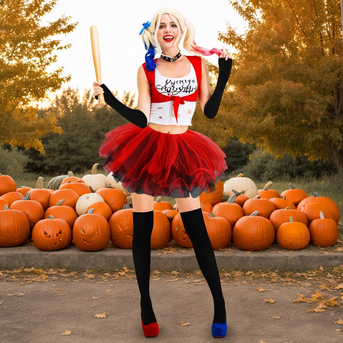 Junely Red and Black Tutu for Women Adults Black Thigh High Socks Fingerless Gloves Halloween Cosplay Costume Accessories