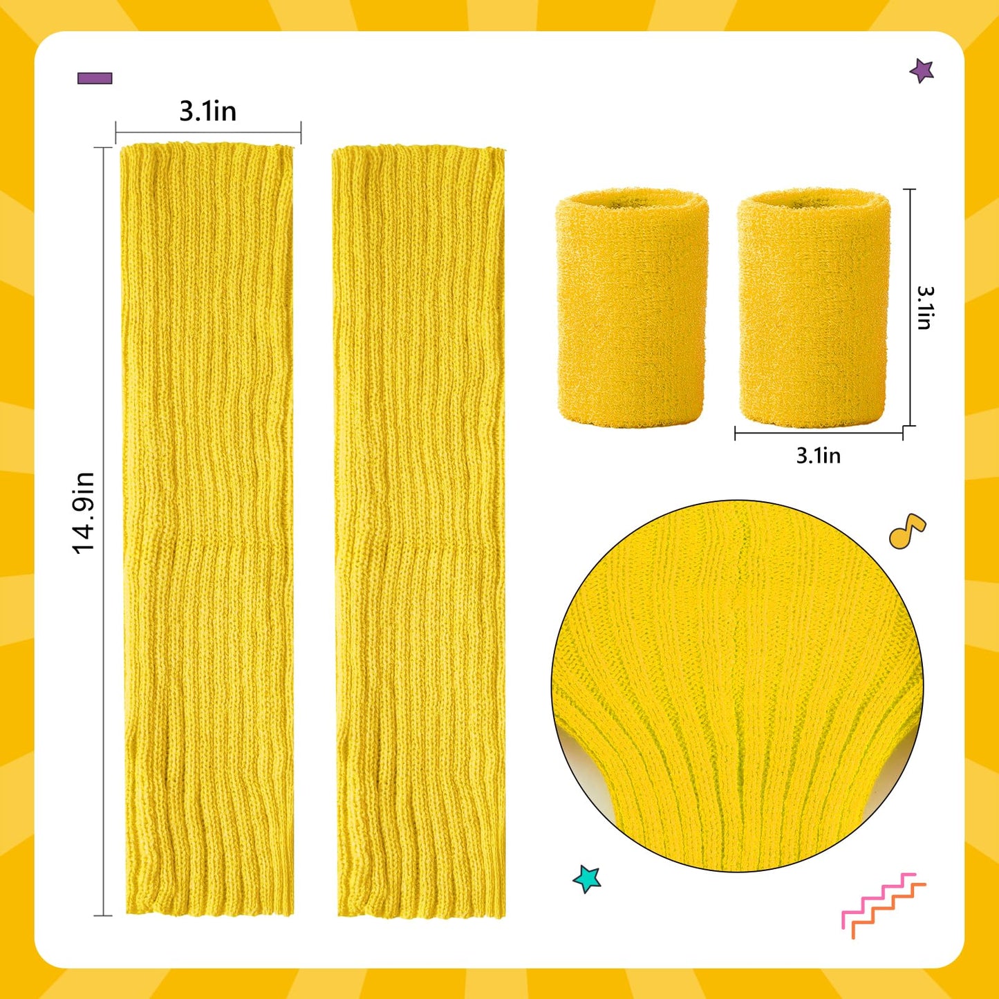Junely 80s Accessories for Women Neon Leg Warmers Headband and Wristbands Set Knit Legwarmers for Ballet Dance Figure Skating Ice Skating Boot Yellow