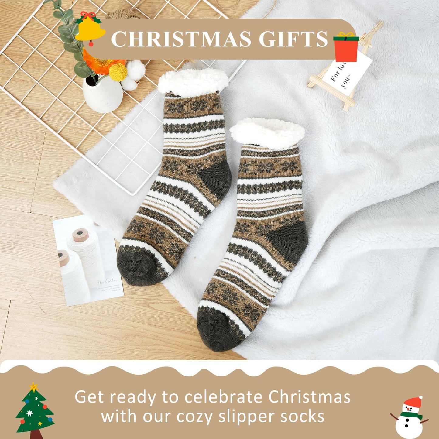 Junely Slipper Socks for Men with Grippers Fuzzy Cozy Fluffy Non Slip Warm Winter Thick Comfy Soft Fleece Cabin Socks Christmas Gifts Snowflake Brown
