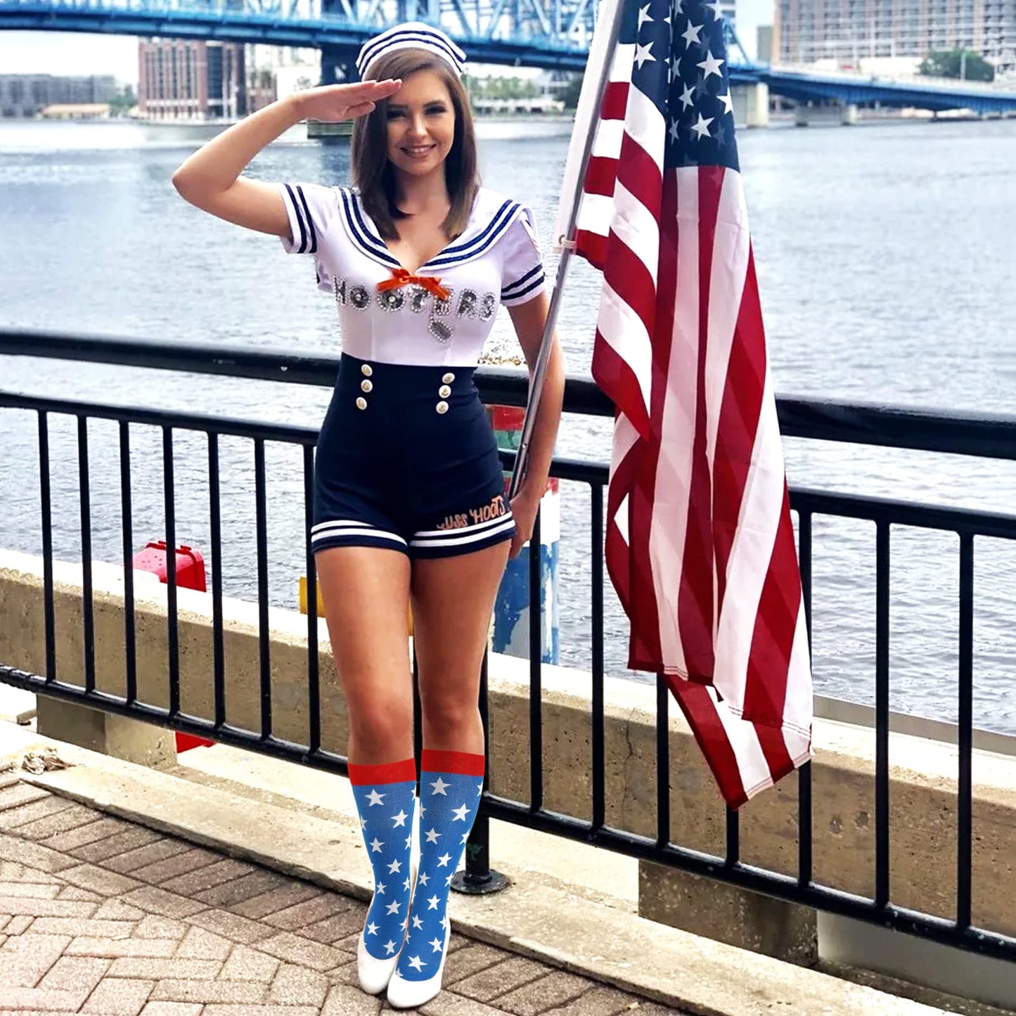 Junely American flag Compression Socks for Women 20-30 mmhg Knee High Patriotic Socks for Running Athletic Nurses Pregnant Women Work Support Travel Flight Sports Blue