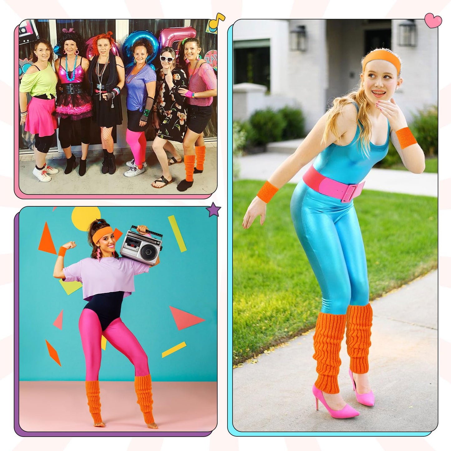 Junely 80s Accessories for Women Neon Leg Warmers Headband and Wristbands Set Knit Legwarmers for Ballet Dance Figure Skating Ice Skating Boot Orange