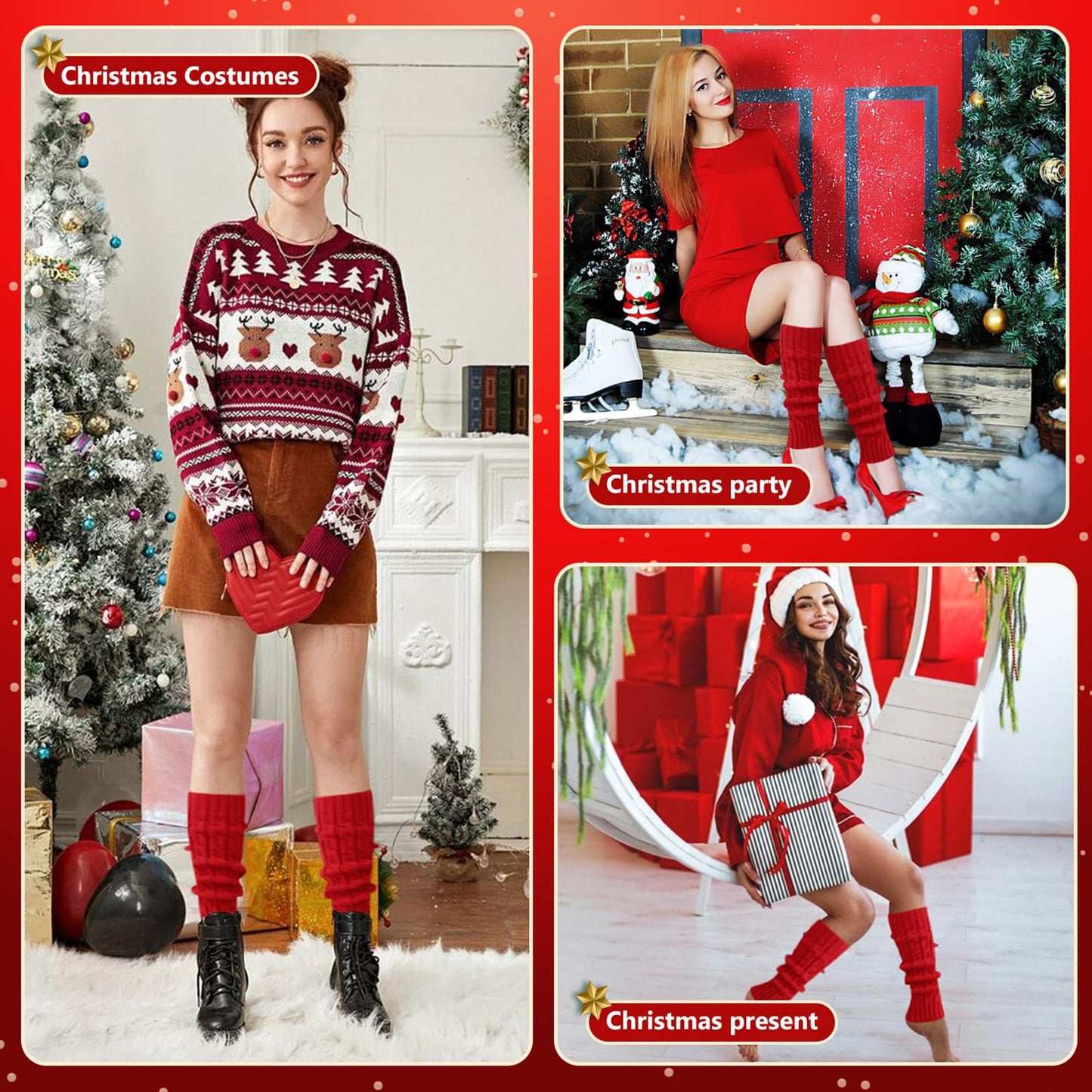 Junely Leg Warmers Christmas Leg Warmer Knit Legwarmers Neon for Winter 80s Ballet Dance Figure Skating Ice Skating Boot Red