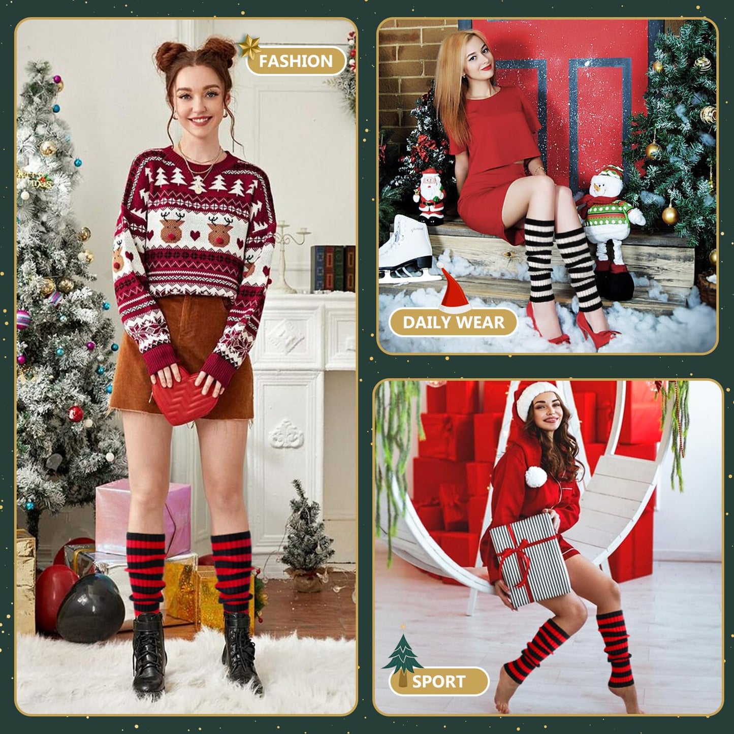Junely Leg Warmers Christmas Striped Leg Warmer Knit Legwarmers for Winter 80s Ballet Dance Figure Skating Ice Skating Boot Red White