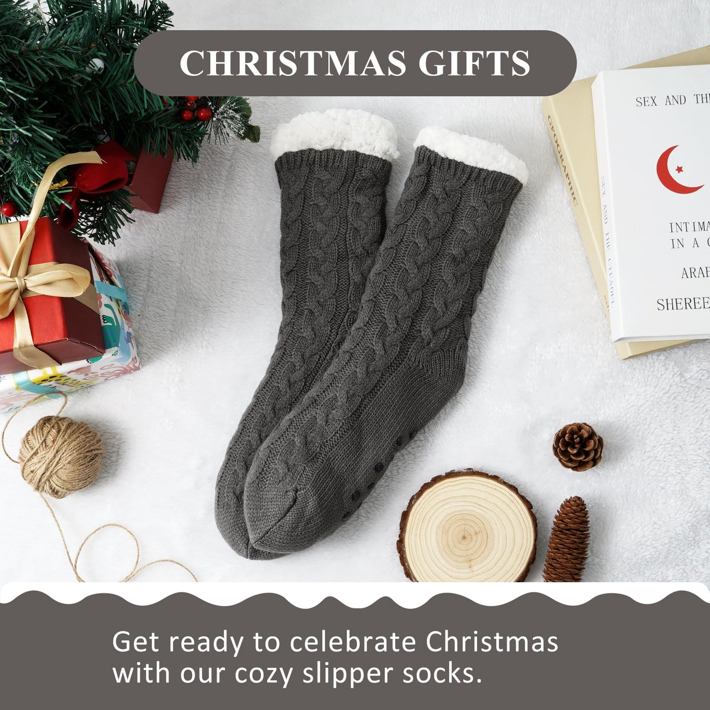 Junely Slipper Socks with Grips for Women Fuzzy Cozy Fluffy Non Slip Warm Winter Thick Comfy Soft Fleece Cabin Socks Grey