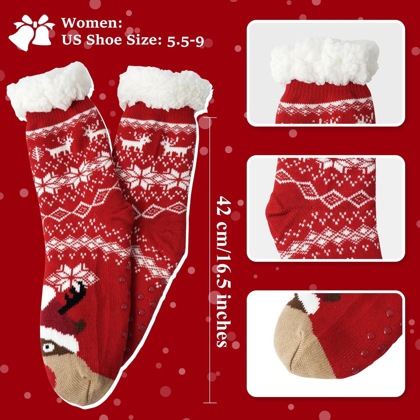 Junely Christmas Slipper Socks with Grips for Women Deer Fuzzy Cozy Fluffy Non Slip Warm Winter Thick Comfy Soft Fleece Cabin Socks Red