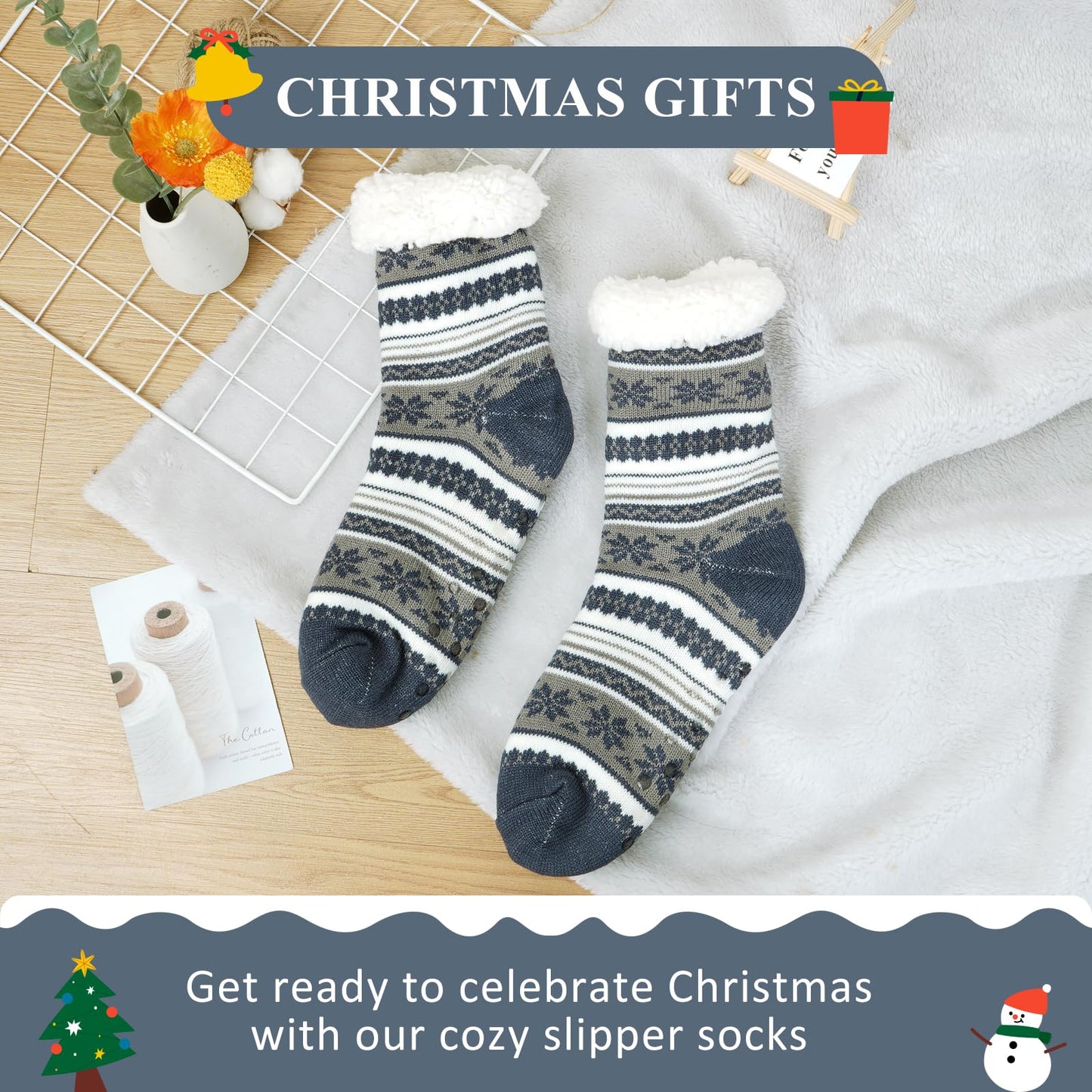 Junely Slipper Socks for Men with Grippers Fuzzy Cozy Fluffy Non Slip Warm Winter Thick Comfy Soft Fleece Cabin Socks Christmas Gifts Snowflake Blue