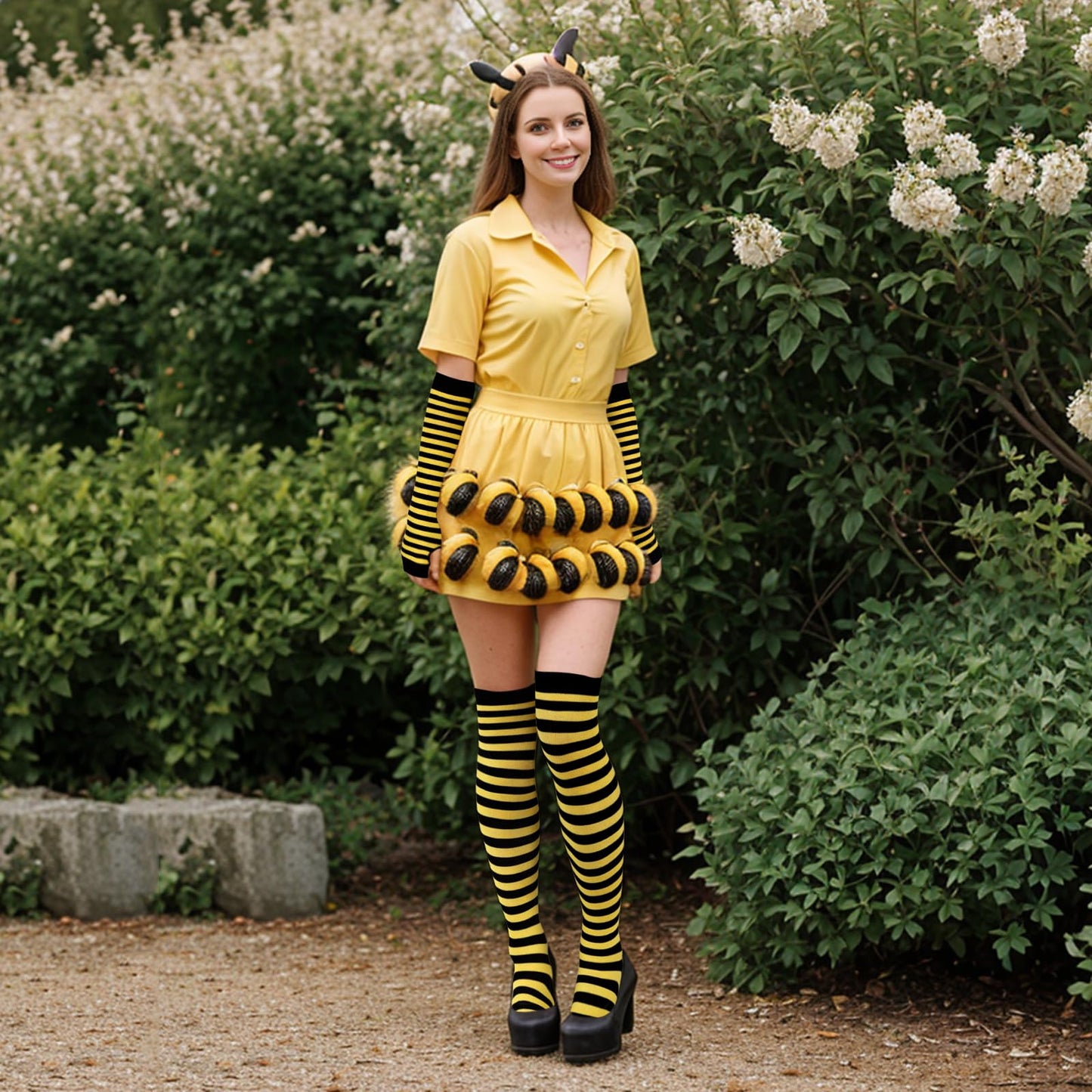 Junely Bee Thigh High Socks and Gloves Yellow Striped Fingerless Gloves and Socks Set Halloween Cosplay Costume Accessories