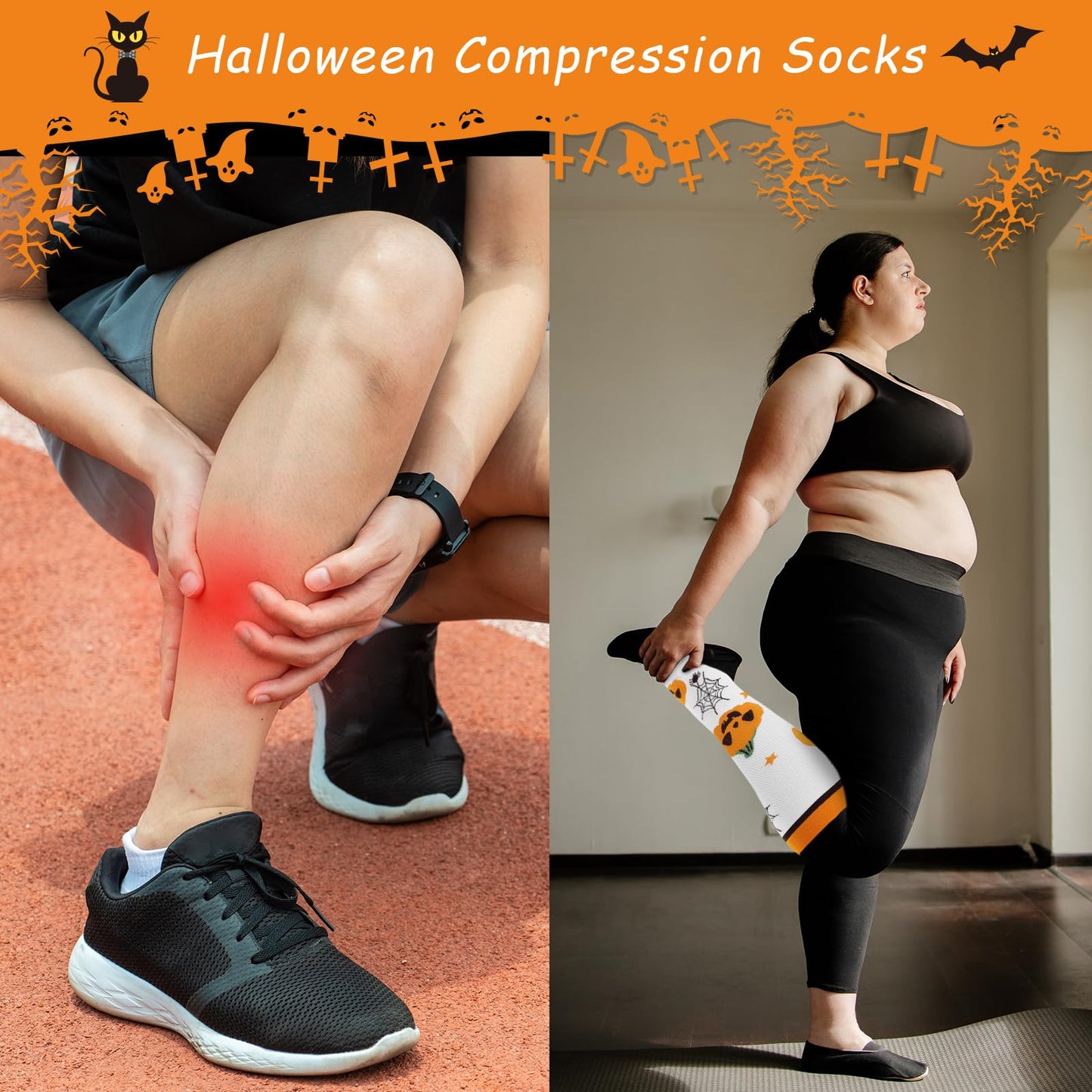 Junely Compression Socks for Women Wide Calf Knee High Halloween Stockings for Running Athletic Nurses Pregnant Women Work Support Travel Flight Sports Gifts Orange