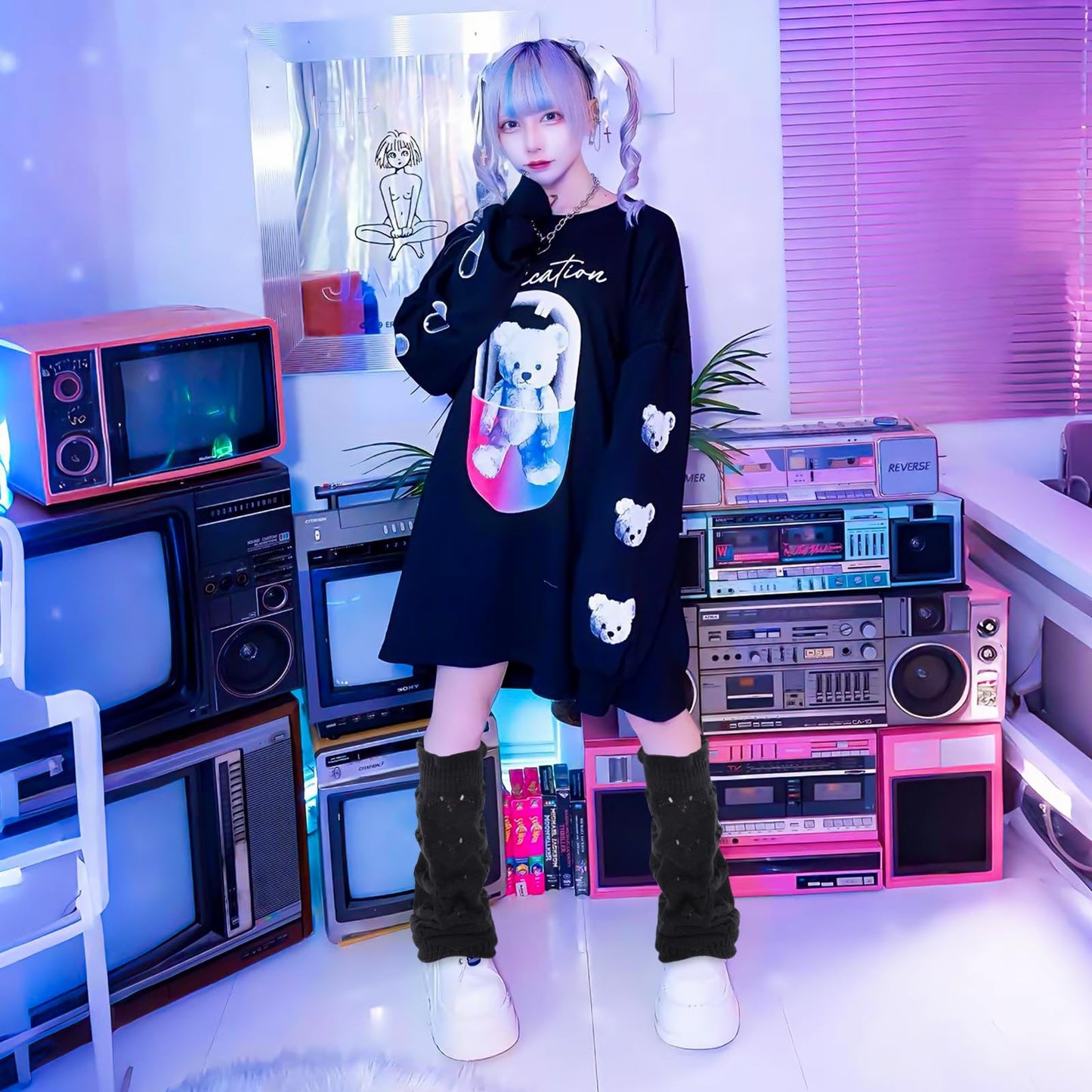 Junely Leg Warmers for Women Kawaii Leg Warmer Cute Legwarmers Cutecore Lolita Harajuku Gyaru Japanese Accessories Black