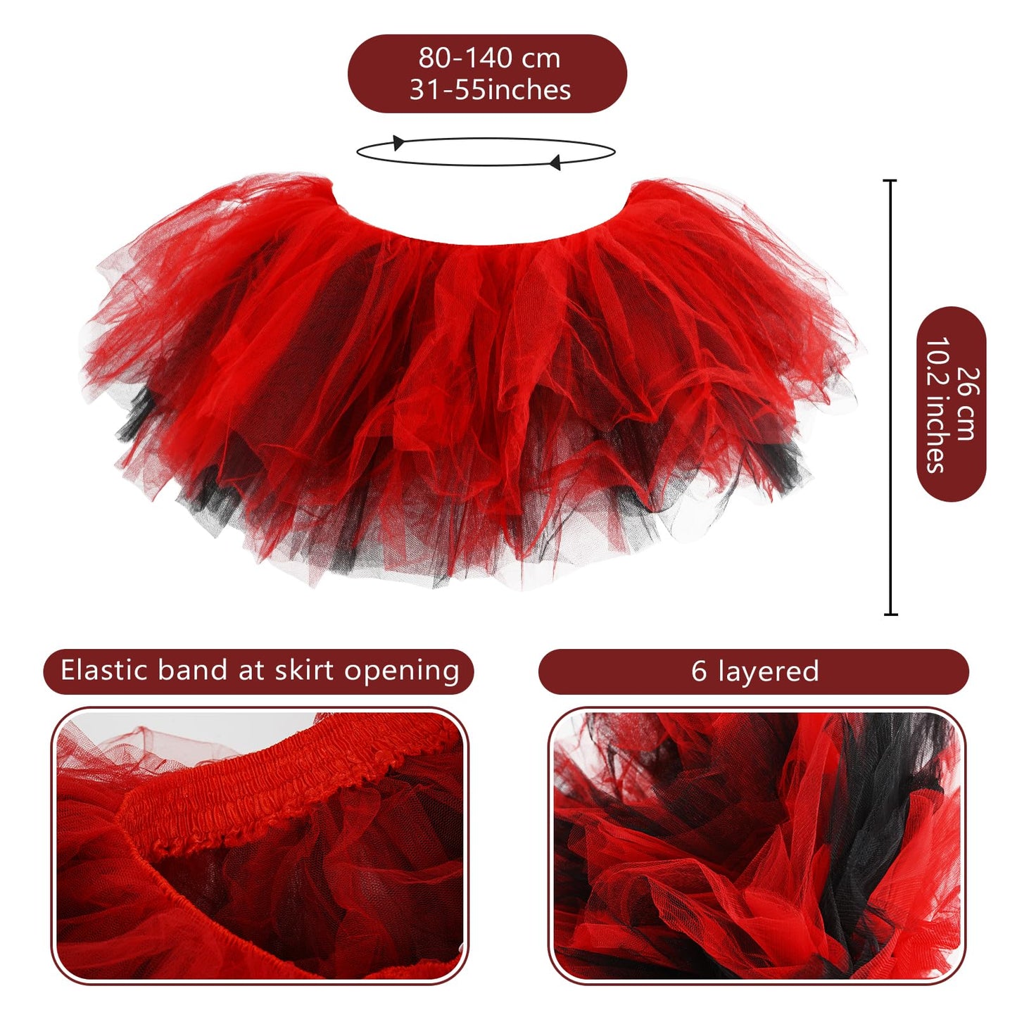 Junely Red and Black Tutu for Women Adults Black Thigh High Socks Fingerless Gloves Halloween Cosplay Costume Accessories