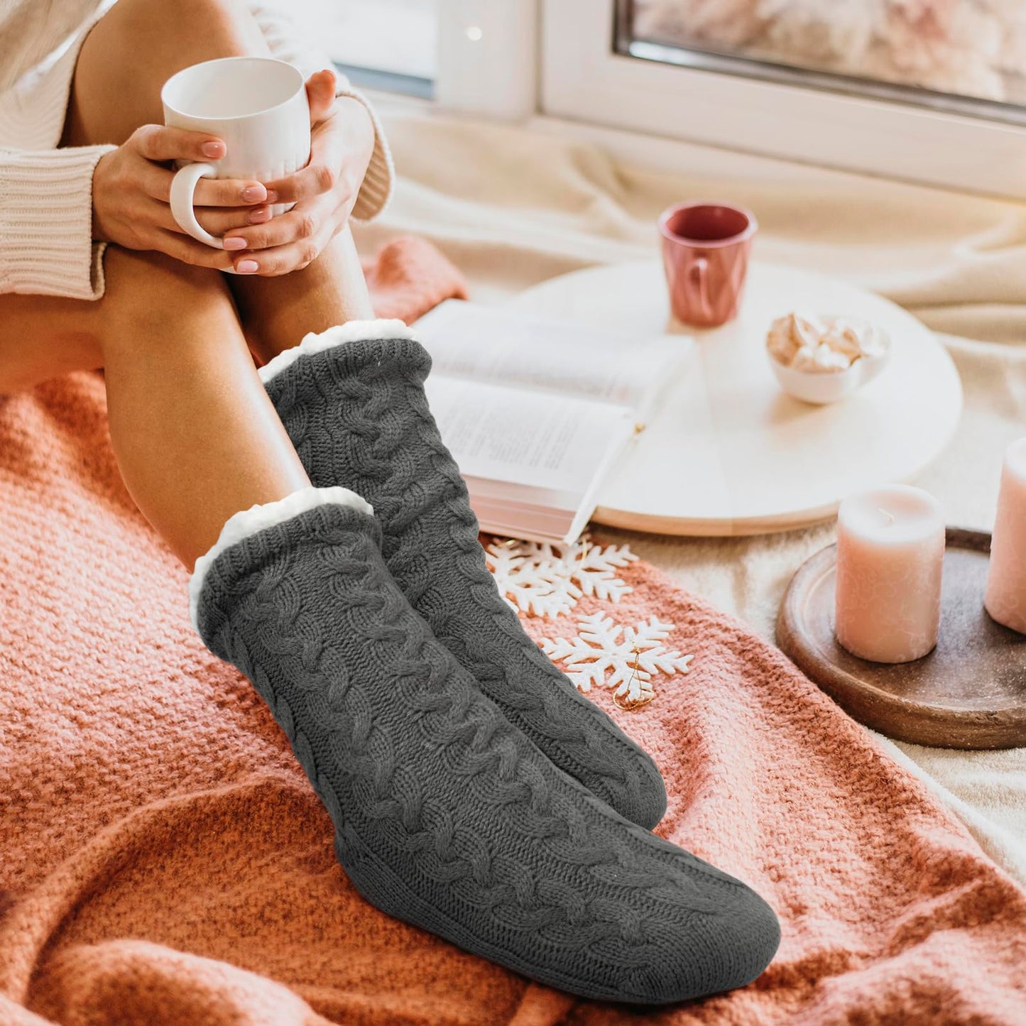Junely Slipper Socks with Grips for Women Fuzzy Cozy Fluffy Non Slip Warm Winter Thick Comfy Soft Fleece Cabin Socks Grey