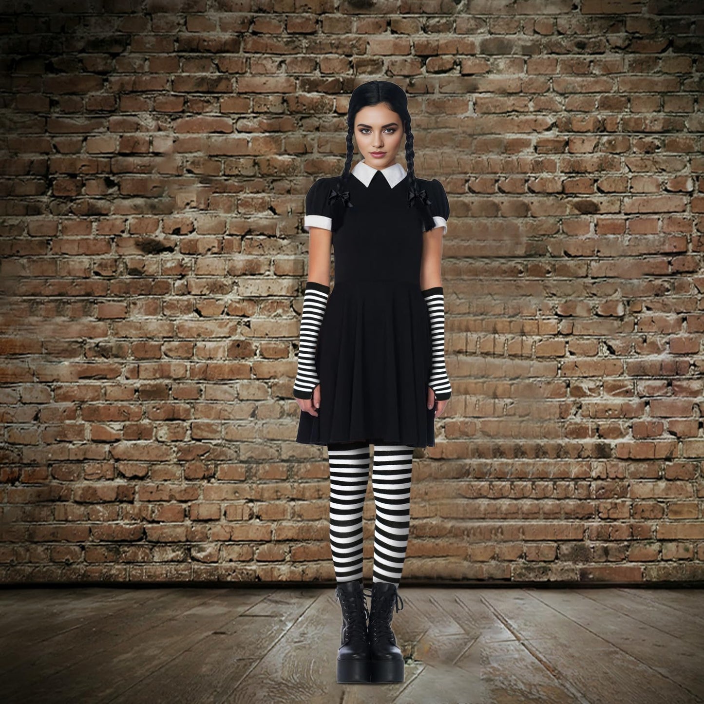 Junely Thigh High Socks and Gloves Black and White Striped Fingerless Gloves and Stockings Set Over the Knee Extra Long Christmas Cosplay Costume Accessories