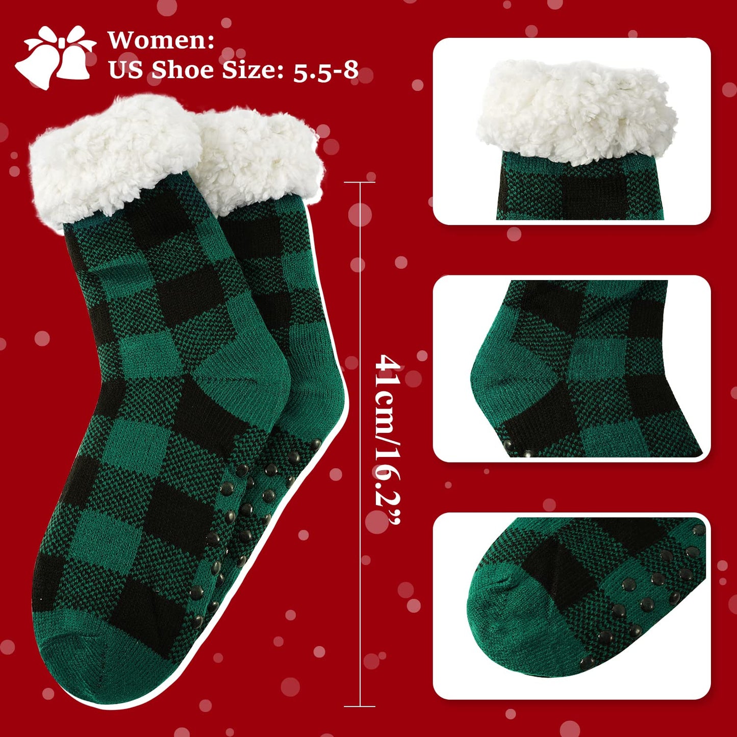 Junely Christmas Slipper Socks with Grippers for Women Non Slip Fuzzy Fluffy Cozy Warm Soft Comfy Thick Fleece Cabin Socks Green Buffalo Plaid