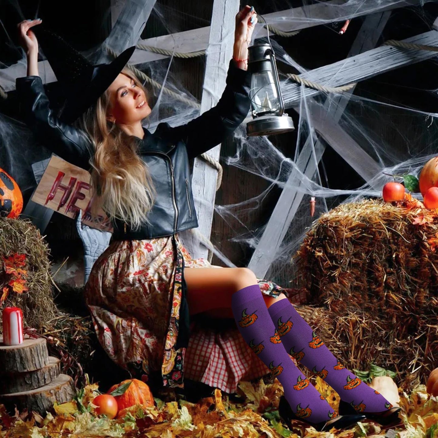 Junely Halloween Compression Socks for Women Knee High Pumpkin Bat Socks for Running Athletic Nurses Pregnant Women Work Support Travel Flight Sports Gifts Orange Purple Black