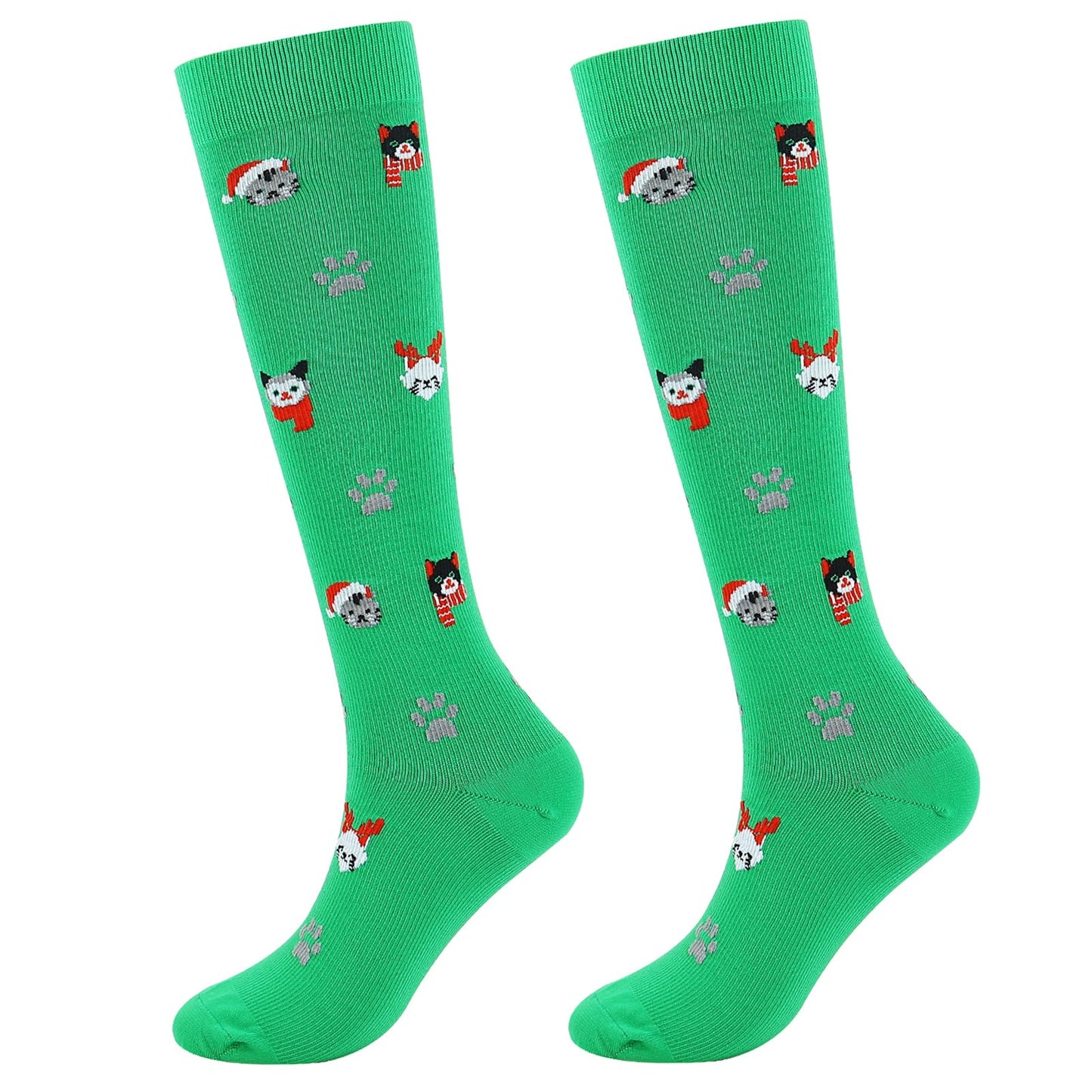 Junely Christmas Compression Socks for Women Knee High Christmas Cat Socks for Running Athletic Nurses Pregnant Women Work Support Travel Flight Sports Gifts Green