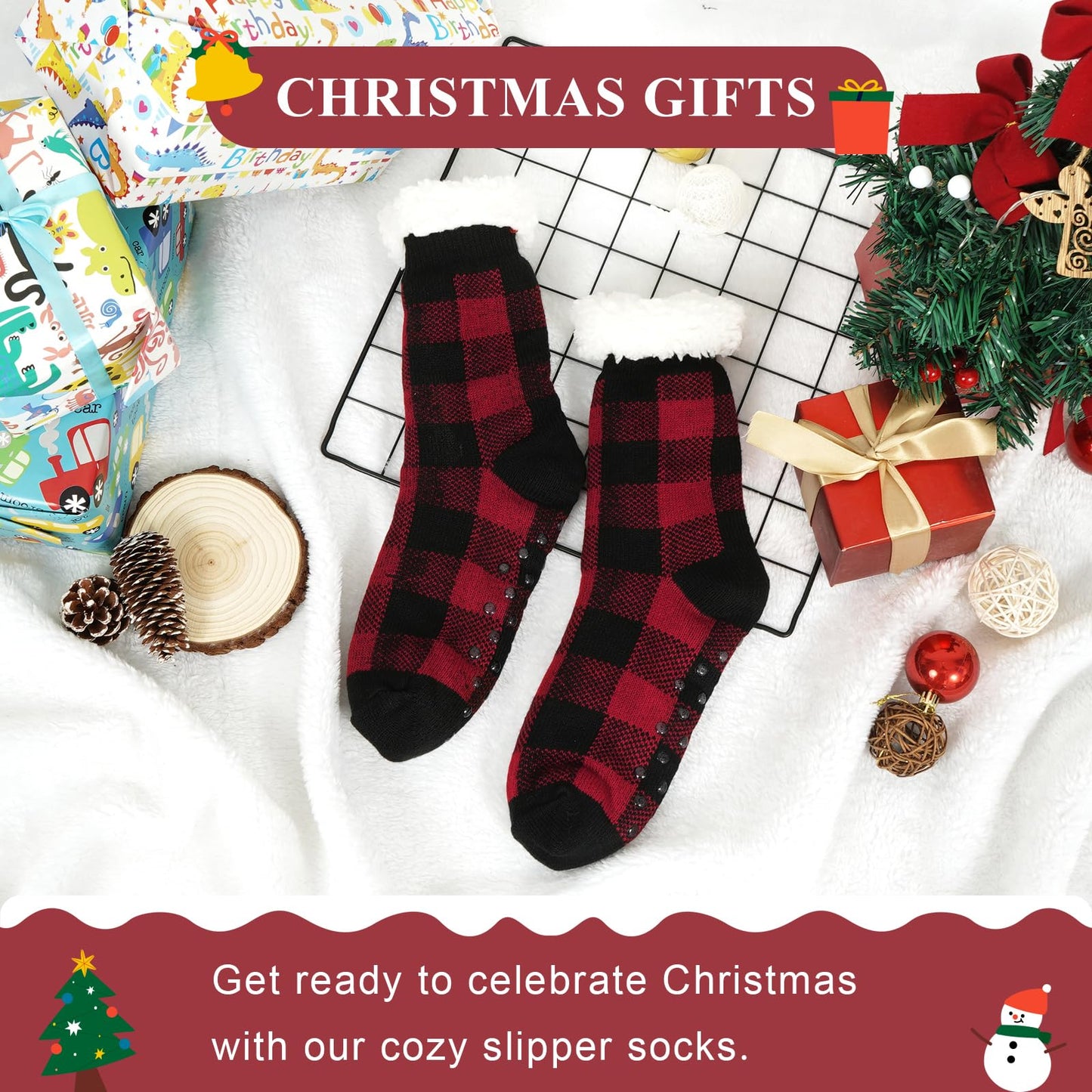 Junely Christmas Slipper Socks with Grippers for Women Non Slip Fuzzy Fluffy Cozy Warm Soft Comfy Thick Fleece Cabin Socks Red Buffalo Plaid
