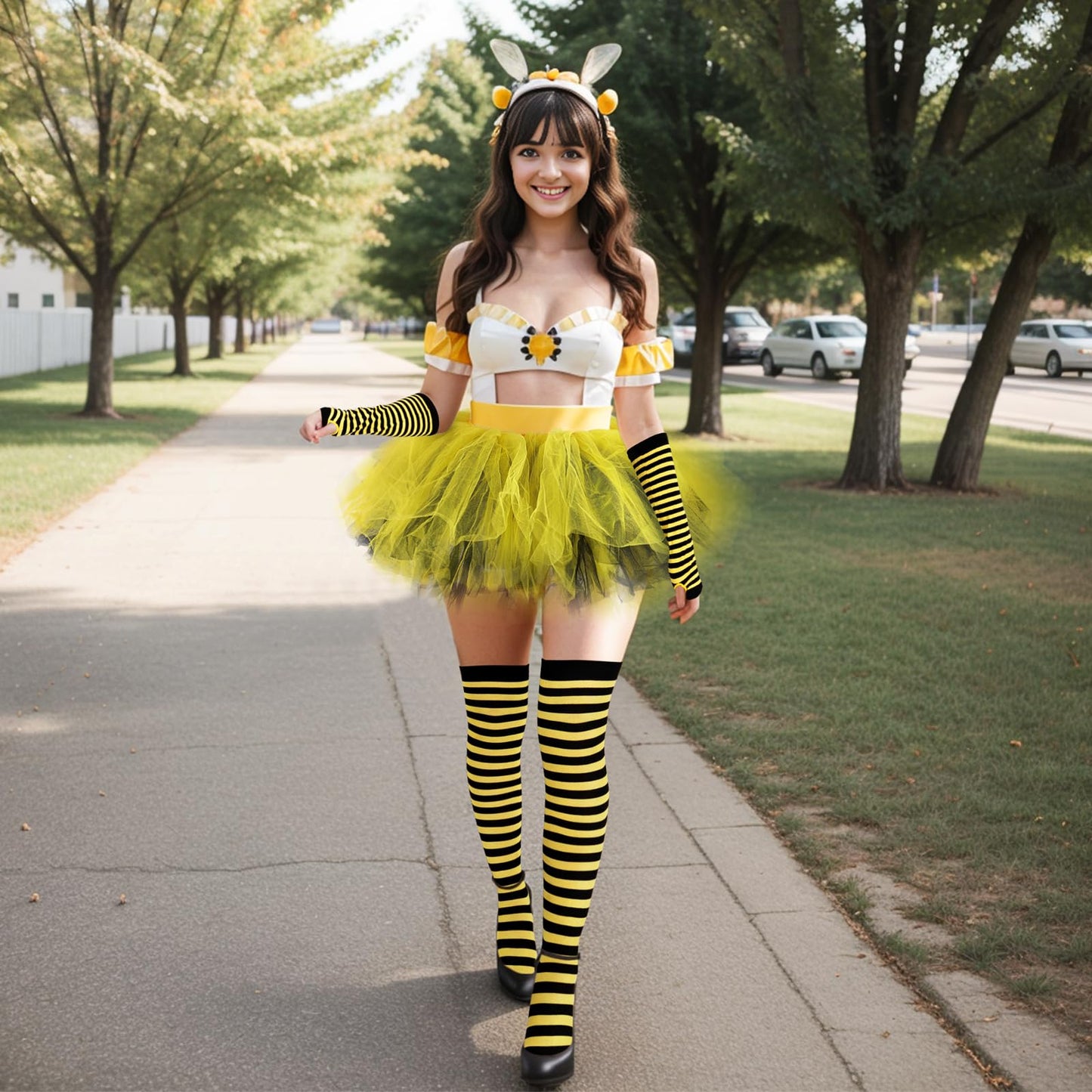 Junely Bee Costume Adult Women Black and Yellow Tutu Striped Thigh High Socks Fingerless Gloves Halloween Cosplay Costumes Accessories