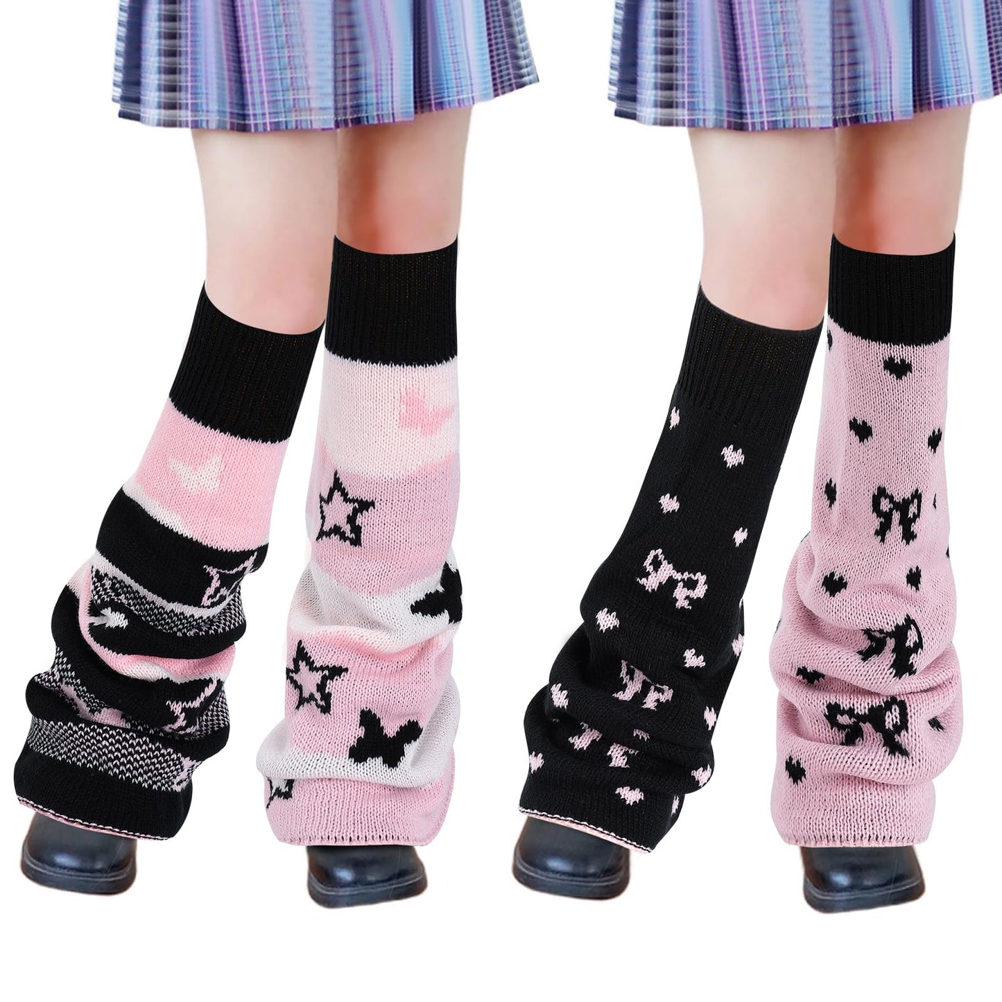 Junely Leg Warmers for Women Winter Kawaii Leg Warmer Cute Legwarmers with Butterfly Bow Japanese Socks Goth Emo Lolita Gyaru Gothic Harajuku Accessories Pink Black