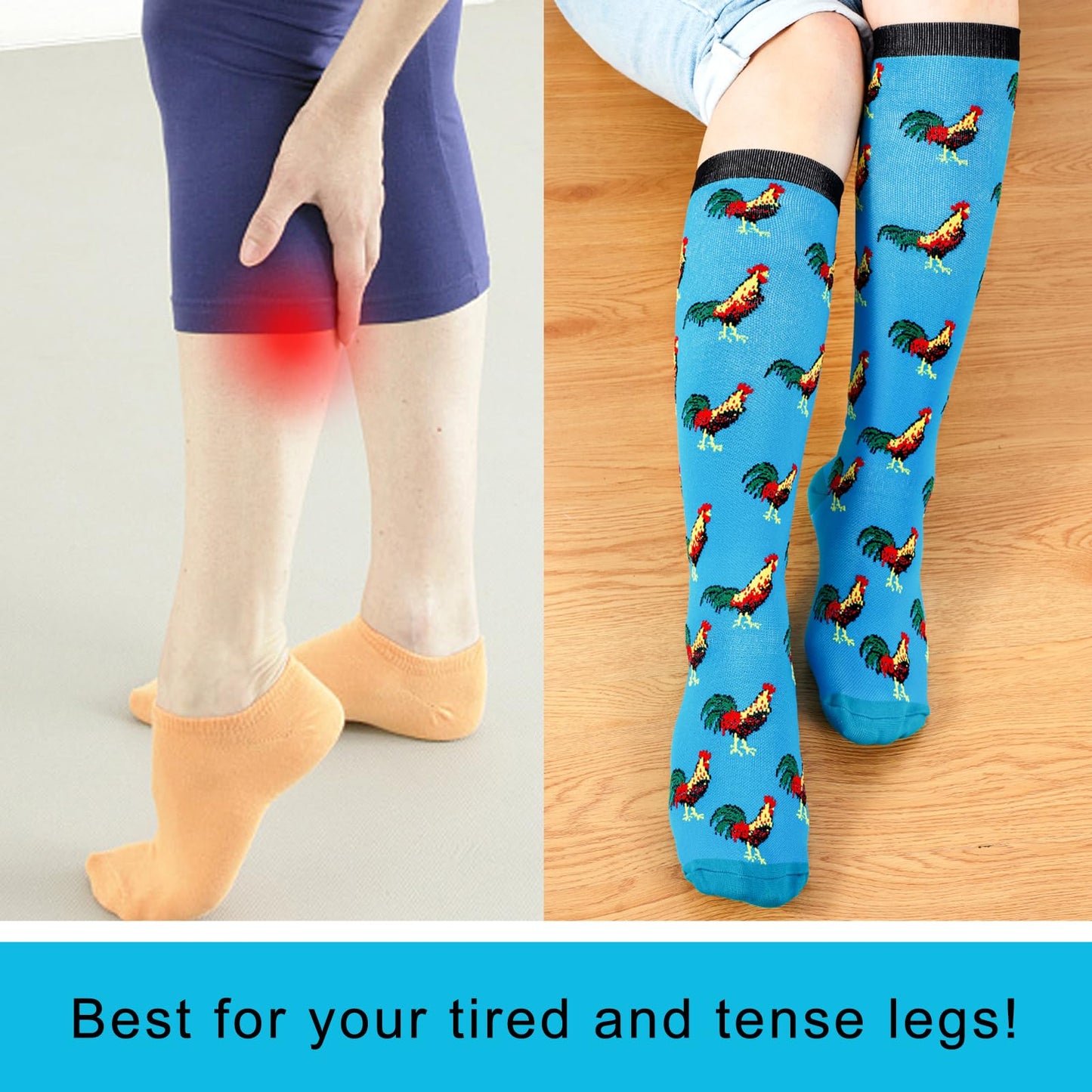 Junely Compression Socks for Women Chicken Rooster Knee High Stockings for Running Athletic Nurses Pregnant Women Work Support Travel Flight Sports Gifts Blue
