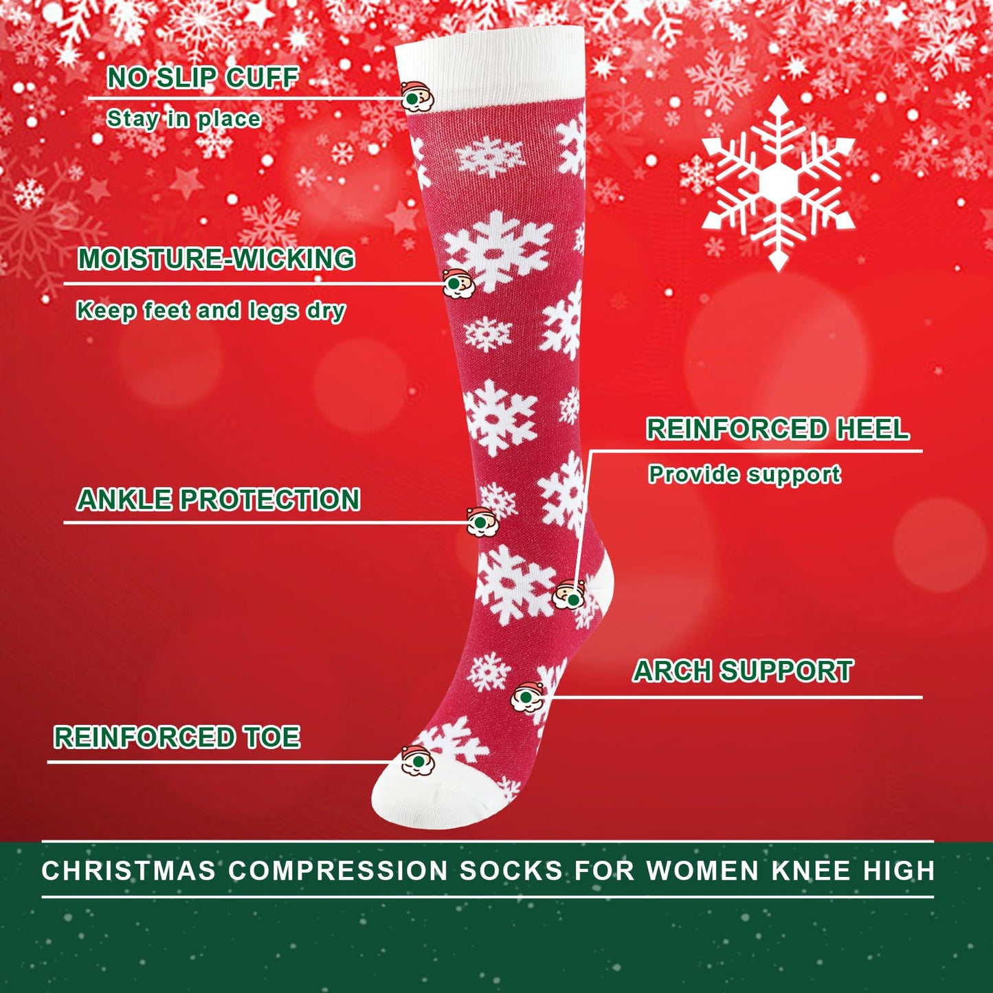 Junely Compression Socks for Women Christmas Snowflake Knee High Stockings for Running Athletic Nurses Pregnant Women Work Support Travel Flight Sports Gifts Red
