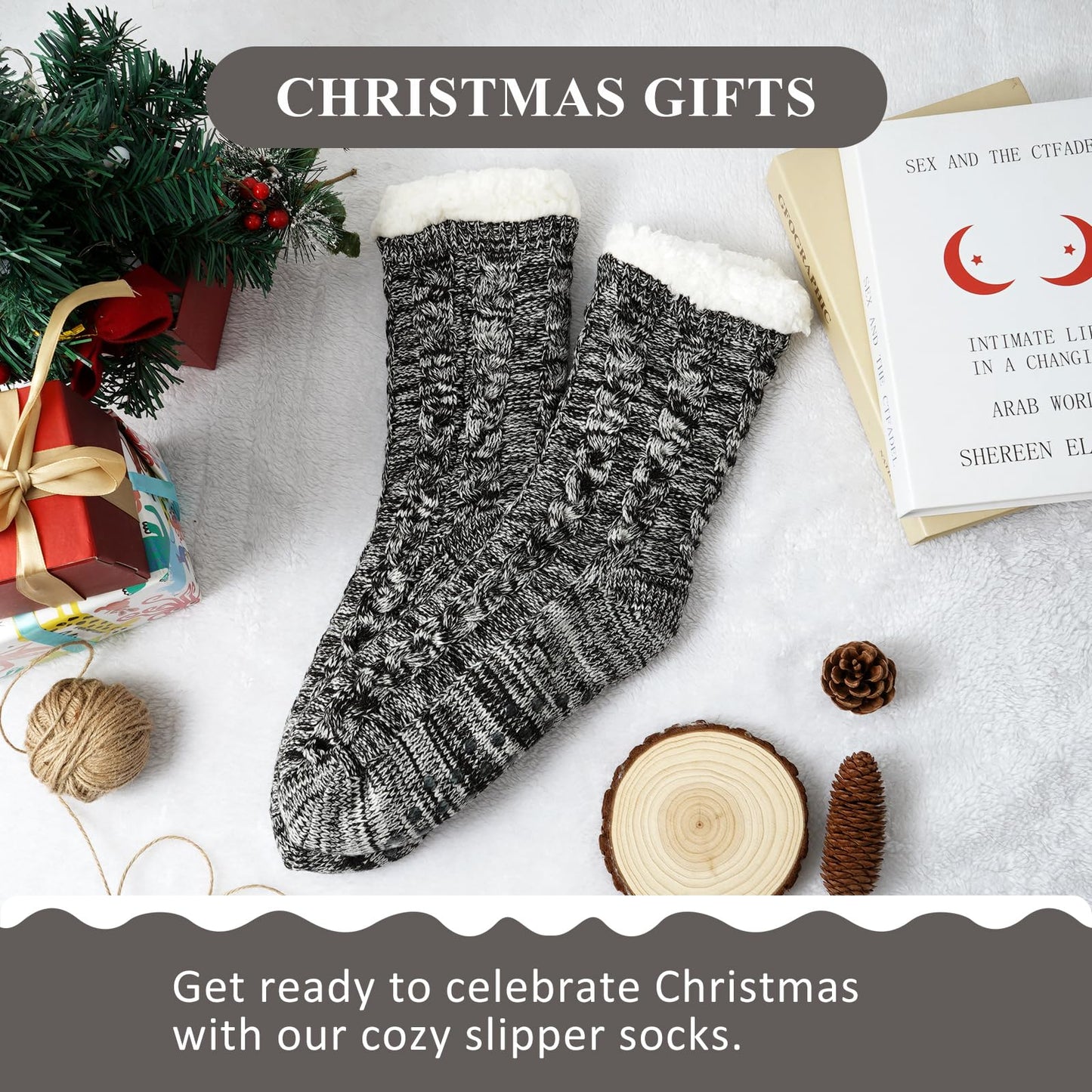 Junely Slipper Socks for Men with Grippers Fuzzy Cozy Fluffy Non Slip Warm Winter Thick Comfy Soft Fleece Cabin Socks Gifts Grey