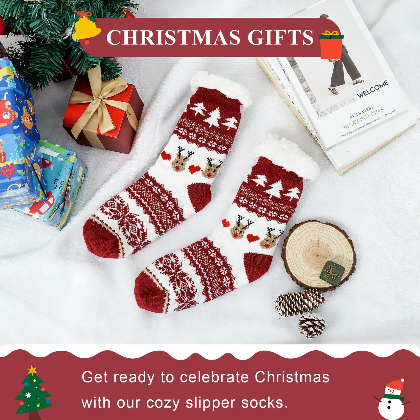Junely Christmas Slipper Socks with Grippers for Women Non Slip Fuzzy Fluffy Cozy Warm Soft Comfy Thick Fleece Cabin Socks Reindeer Snowflake Red
