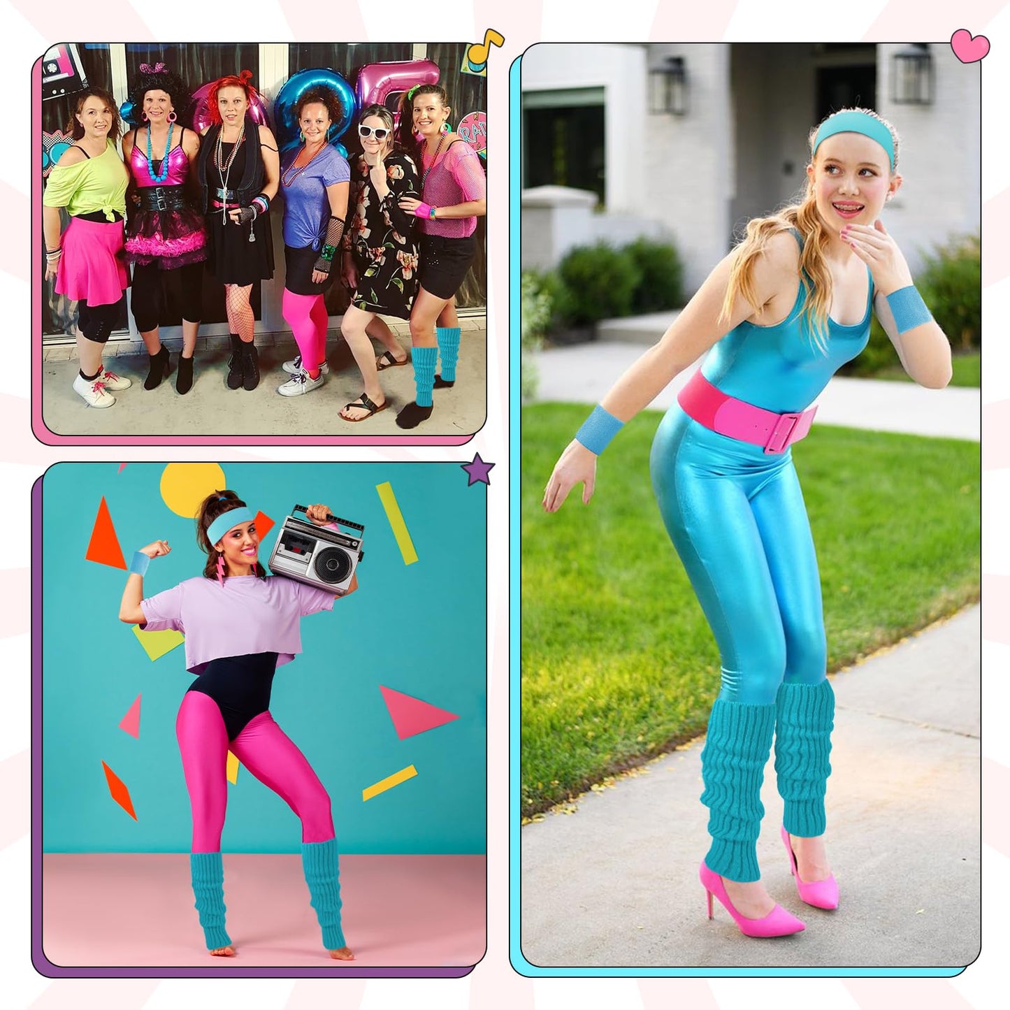 Junely 80s Accessories for Women Neon Leg Warmers Headband and Wristbands Set Knit Legwarmers for Ballet Dance Figure Skating Ice Skating Boot Blue