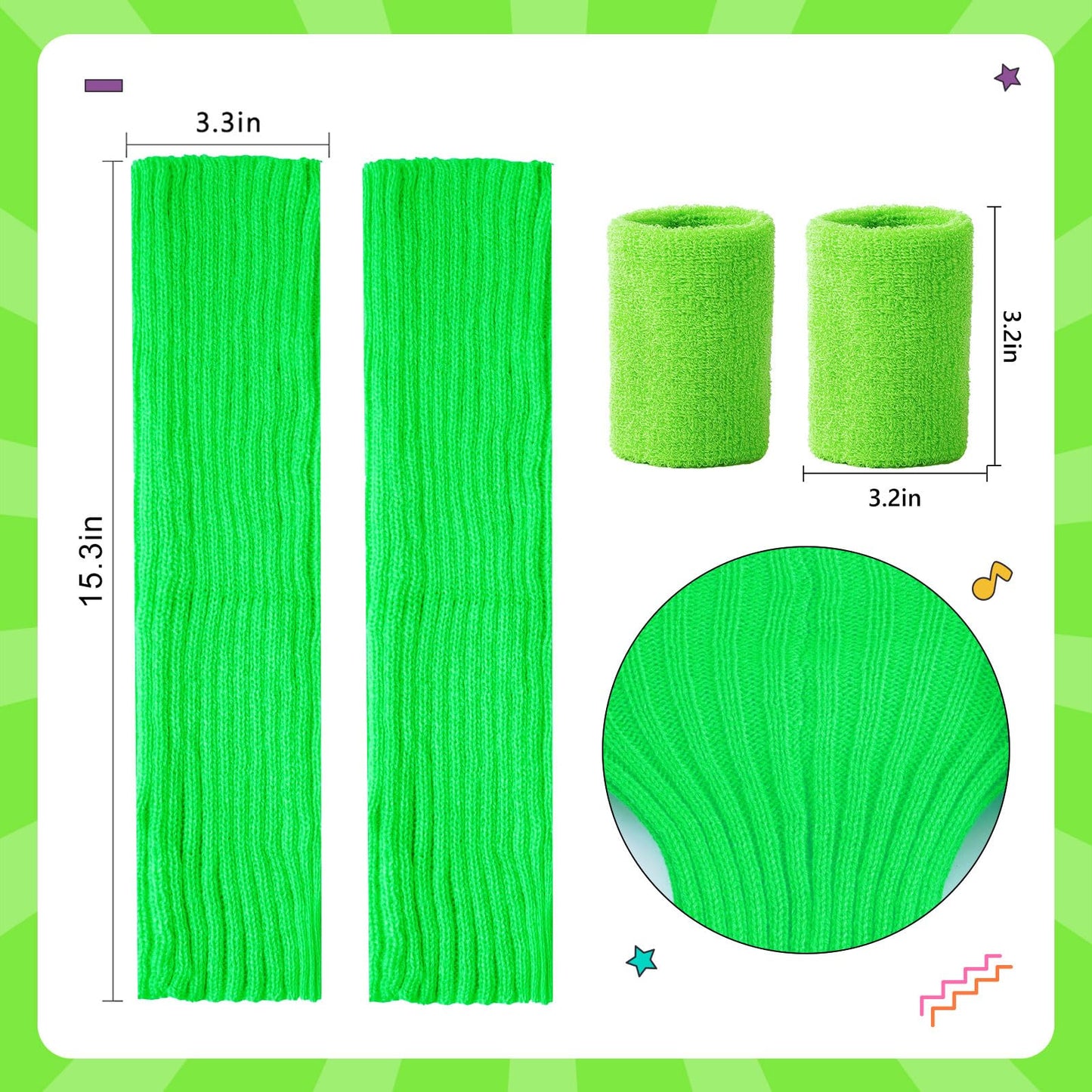 Junely 80s Accessories for Women Neon Leg Warmers Headband and Wristbands Set Knit Legwarmers for Ballet Dance Figure Skating Ice Skating Boot Green