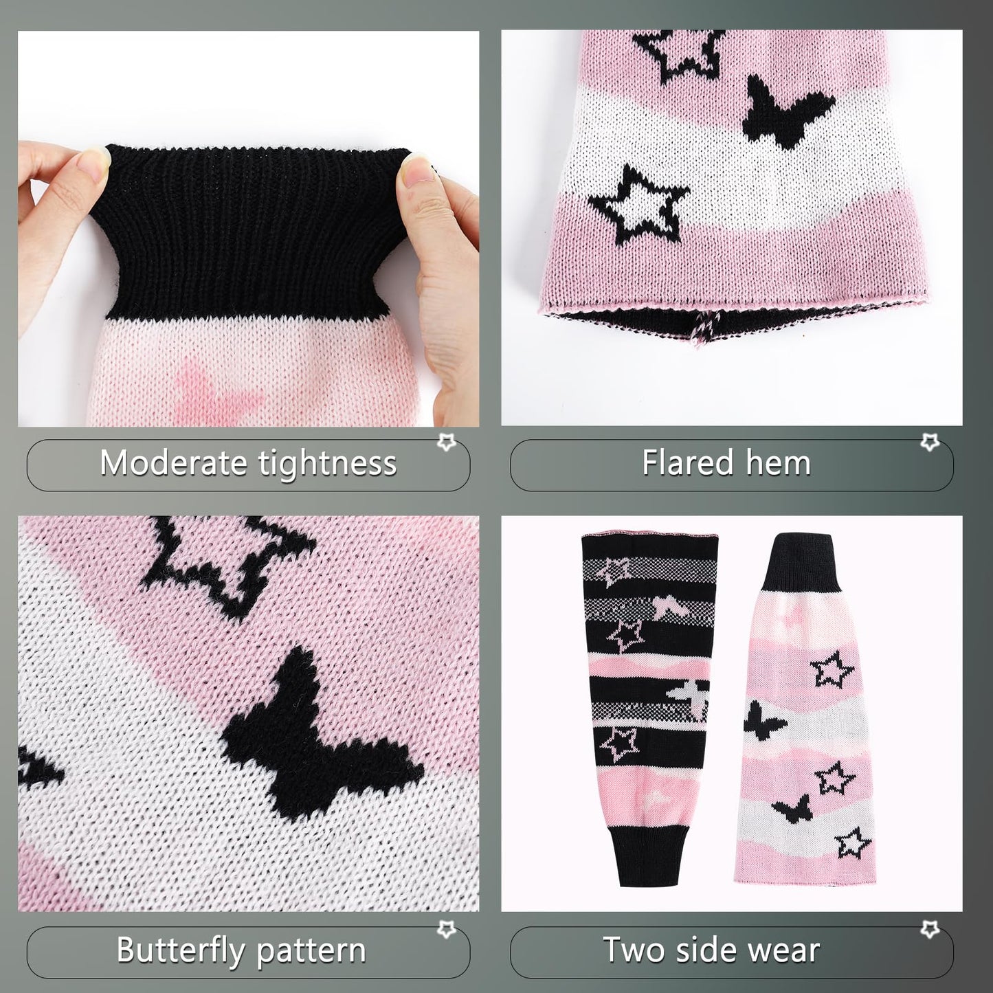 Junely Leg Warmers for Women Winter Kawaii Leg Warmer Cute Legwarmers with Butterfly Bow Japanese Socks Goth Emo Lolita Gyaru Gothic Harajuku Accessories Pink Black