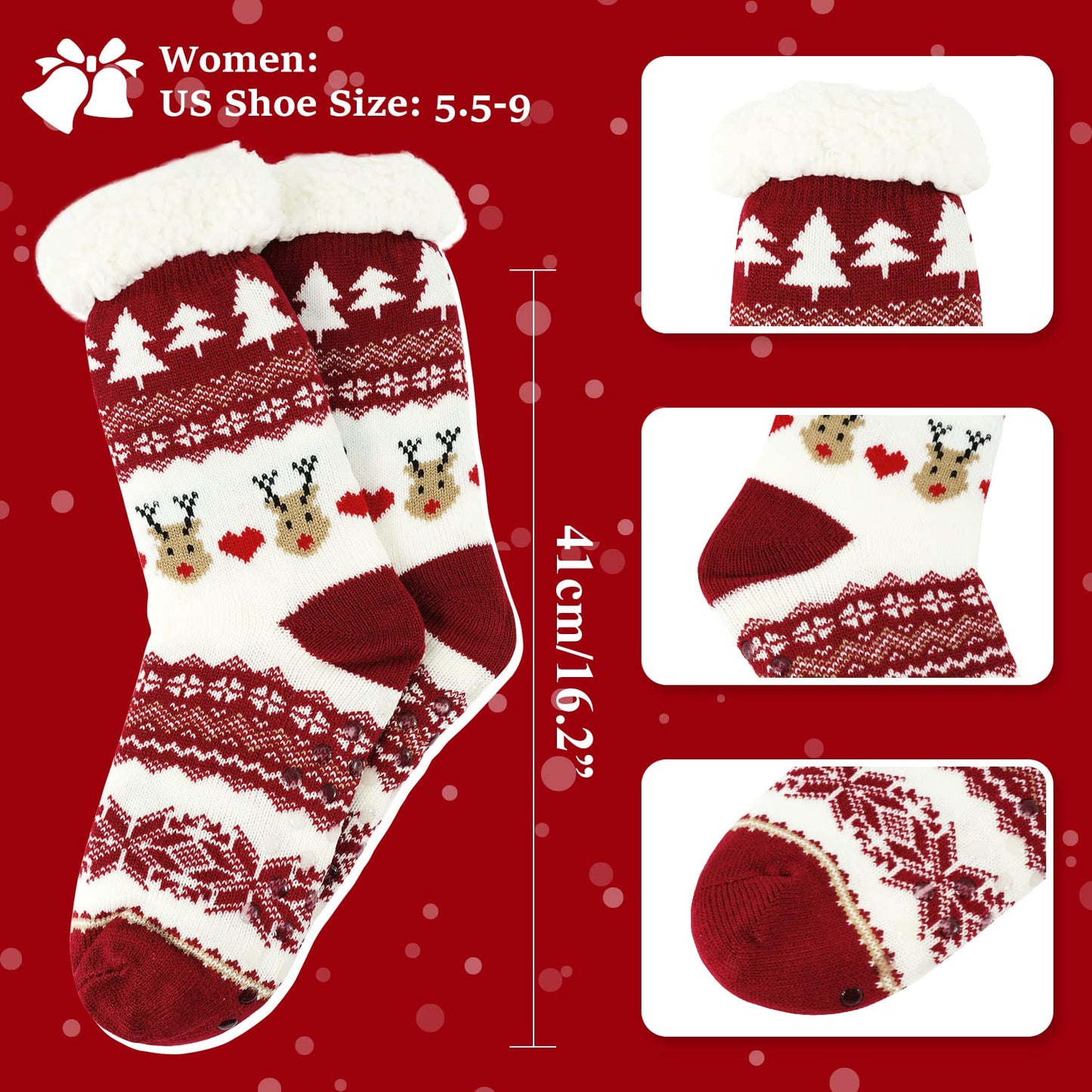 Junely Christmas Slipper Socks with Grippers for Women Non Slip Fuzzy Fluffy Cozy Warm Soft Comfy Thick Fleece Cabin Socks Reindeer Snowflake Red