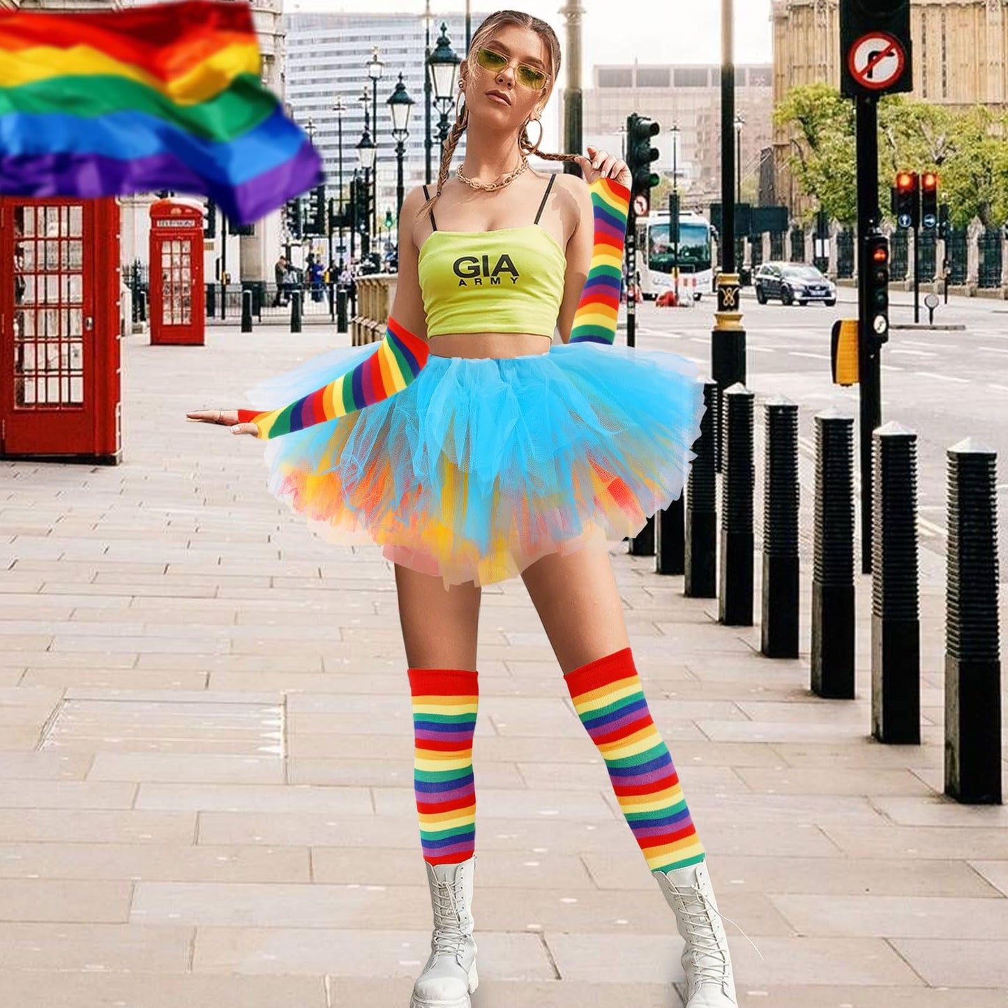 Junely Rainbow Tutu for Women Adults Striped Thigh High Socks Fingerless Gloves Pride Day Halloween Costumes Accessories
