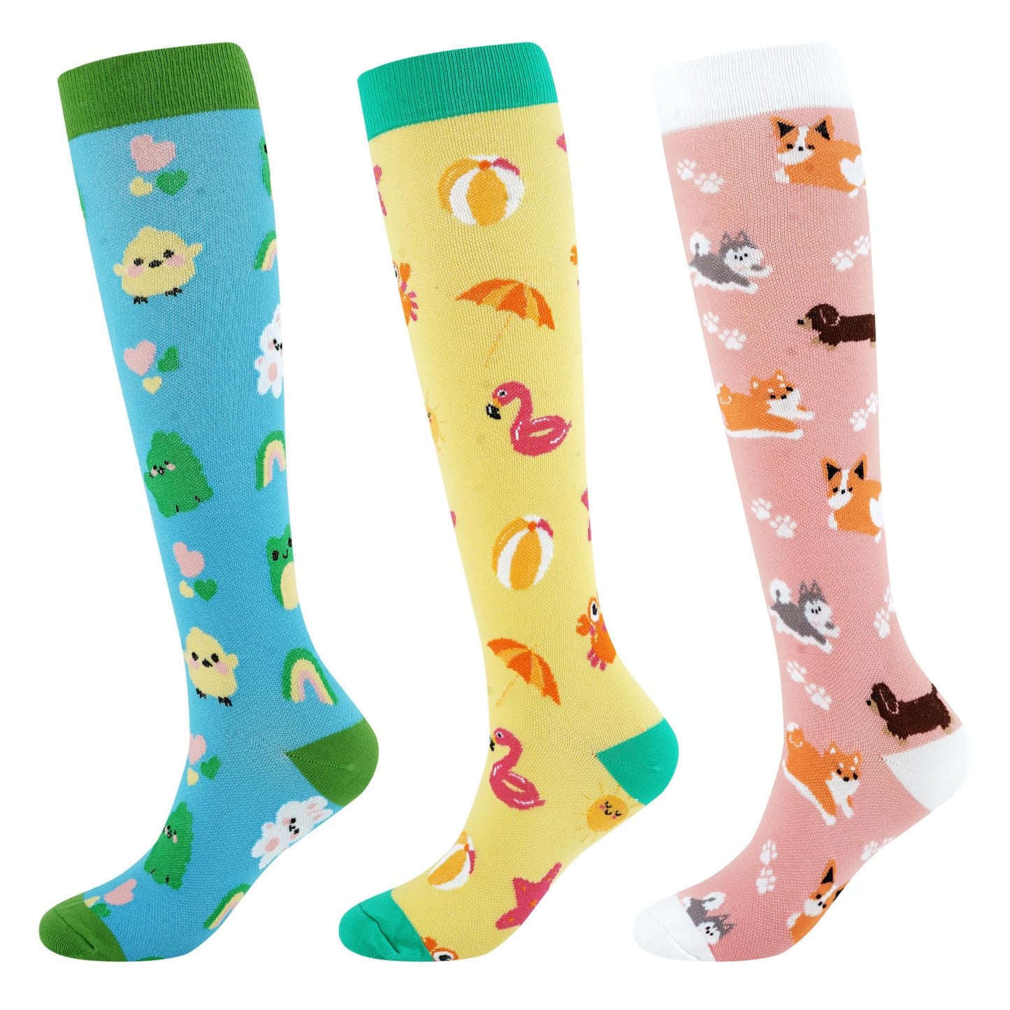 Junely Compression Socks for Women Animal Knee High Stockings for Running Nurses Support Travel Pregnancy Gifts Blue Pink Yellow