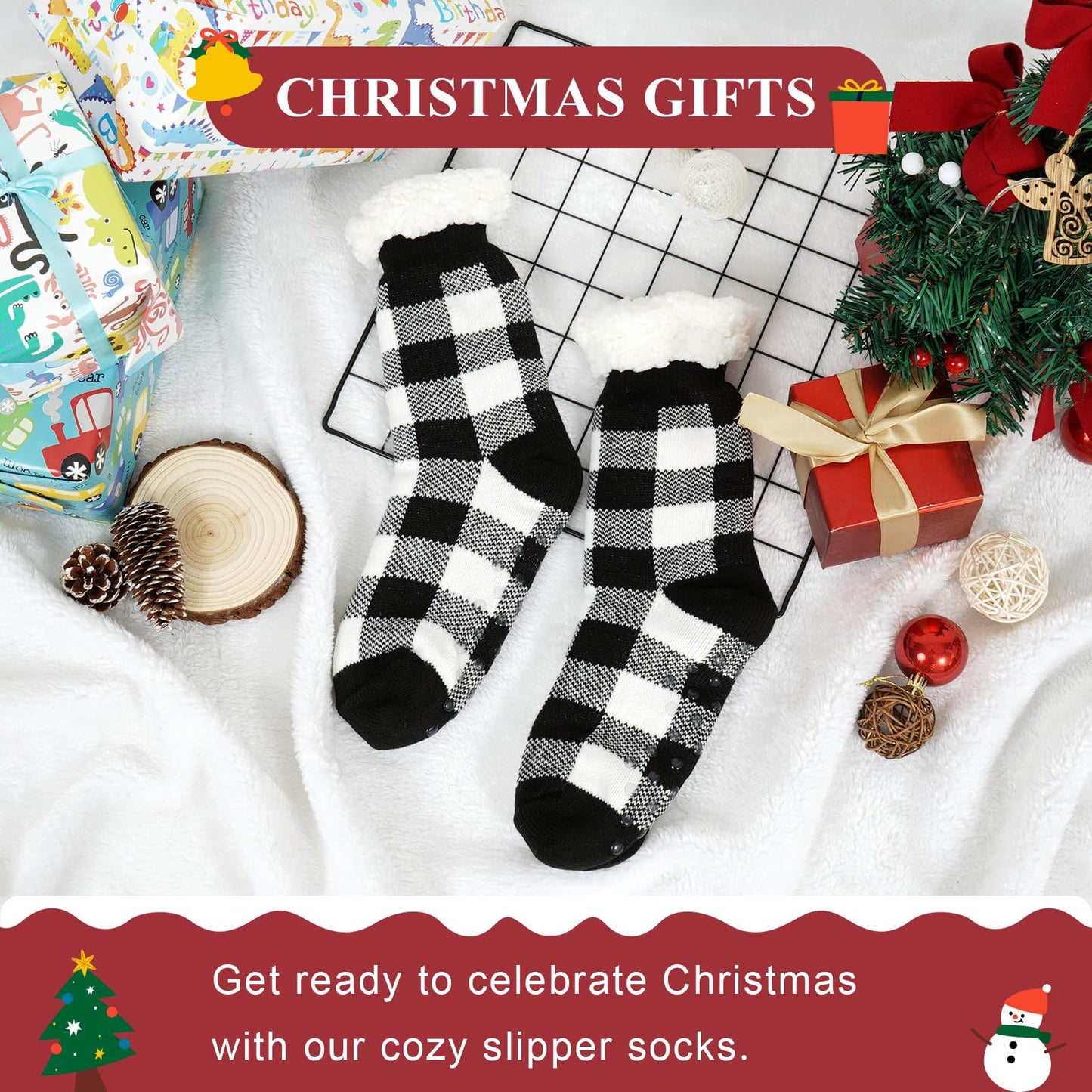Junely Christmas Slipper Socks with Grippers for Women Non Slip Fuzzy Fluffy Cozy Warm Soft Comfy Thick Fleece Cabin Socks Black and White Buffalo Plaid