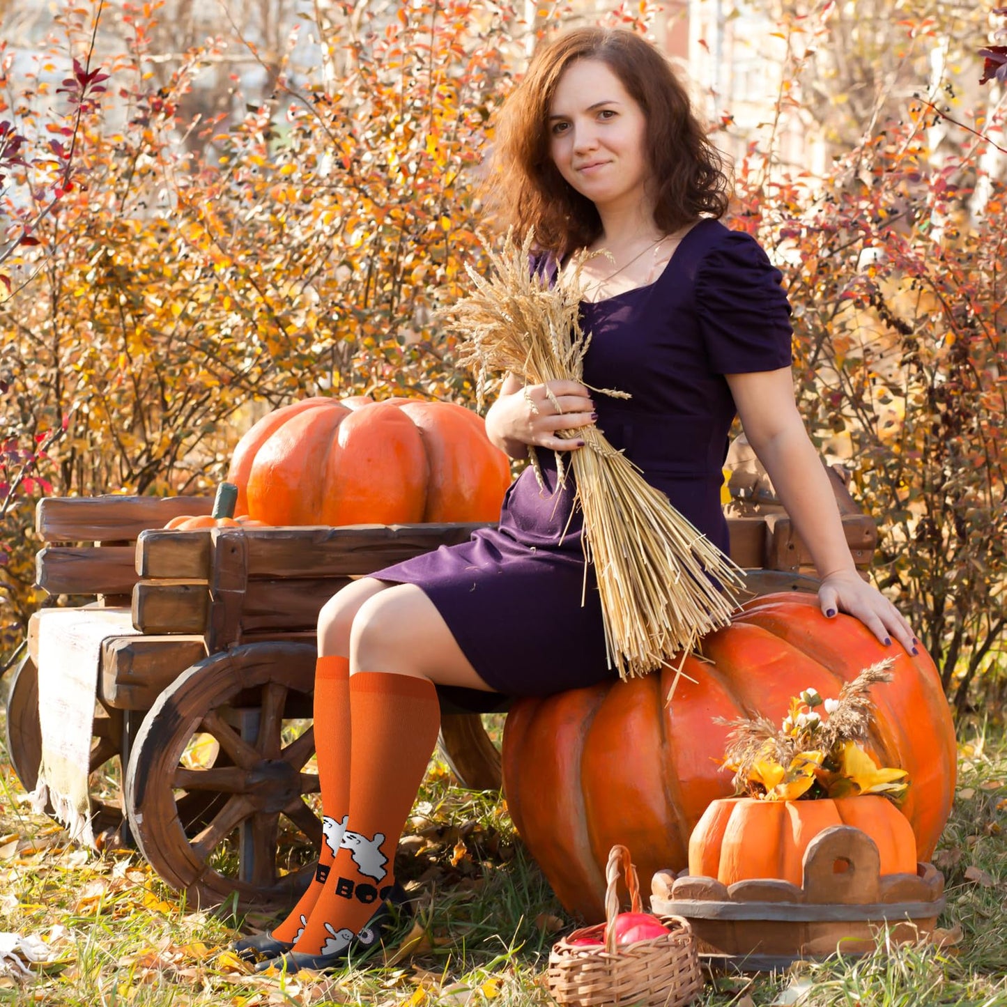 Junely Halloween Compression Socks for Women Knee High Witch Ghost Socks for Running Athletic Nurses Pregnant Women Work Support Travel Flight Sports Gifts Orange Purple Black