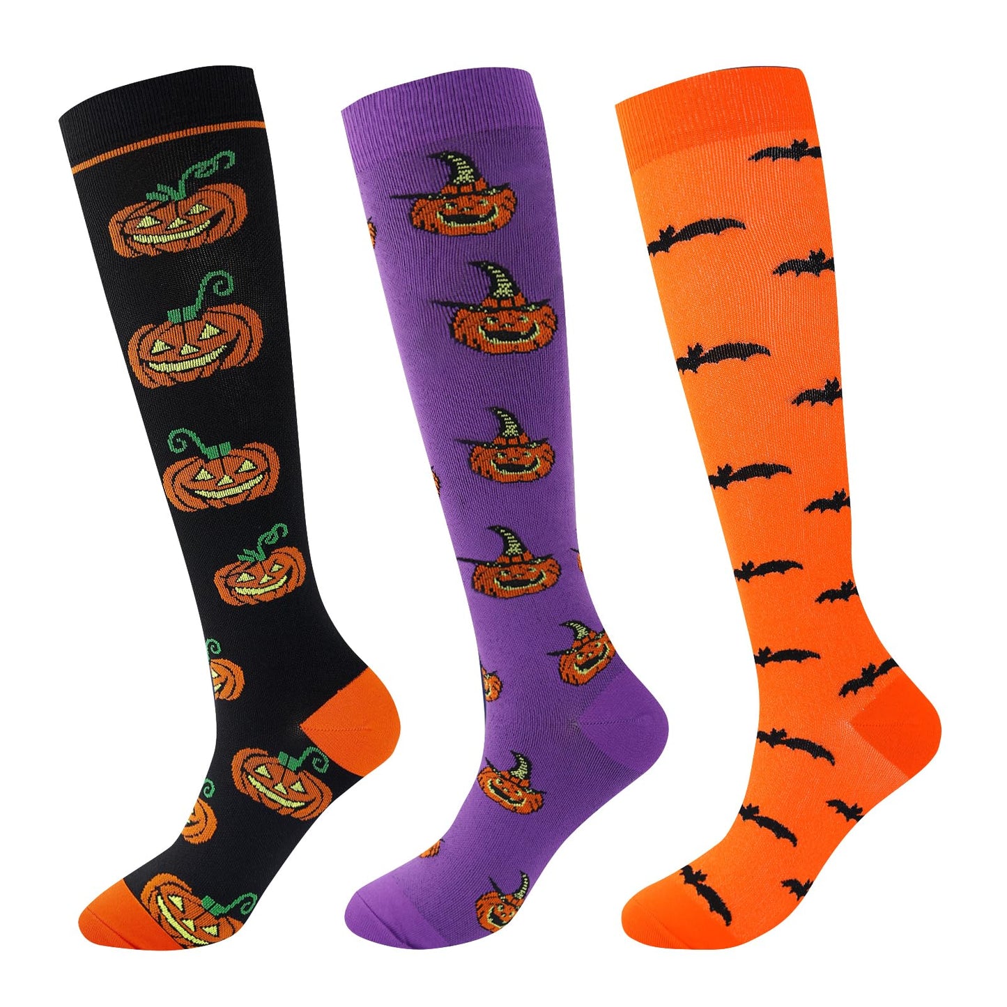 Junely Halloween Compression Socks for Women Knee High Pumpkin Bat Socks for Running Athletic Nurses Pregnant Women Work Support Travel Flight Sports Gifts Orange Purple Black