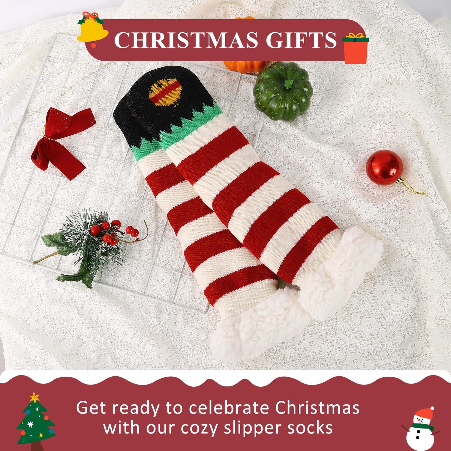 Junely Christmas Slipper Socks with Grips for Women Fuzzy Cozy Fluffy Non Slip Warm Winter Thick Comfy Soft Fleece Cabin Socks Red and White Striped