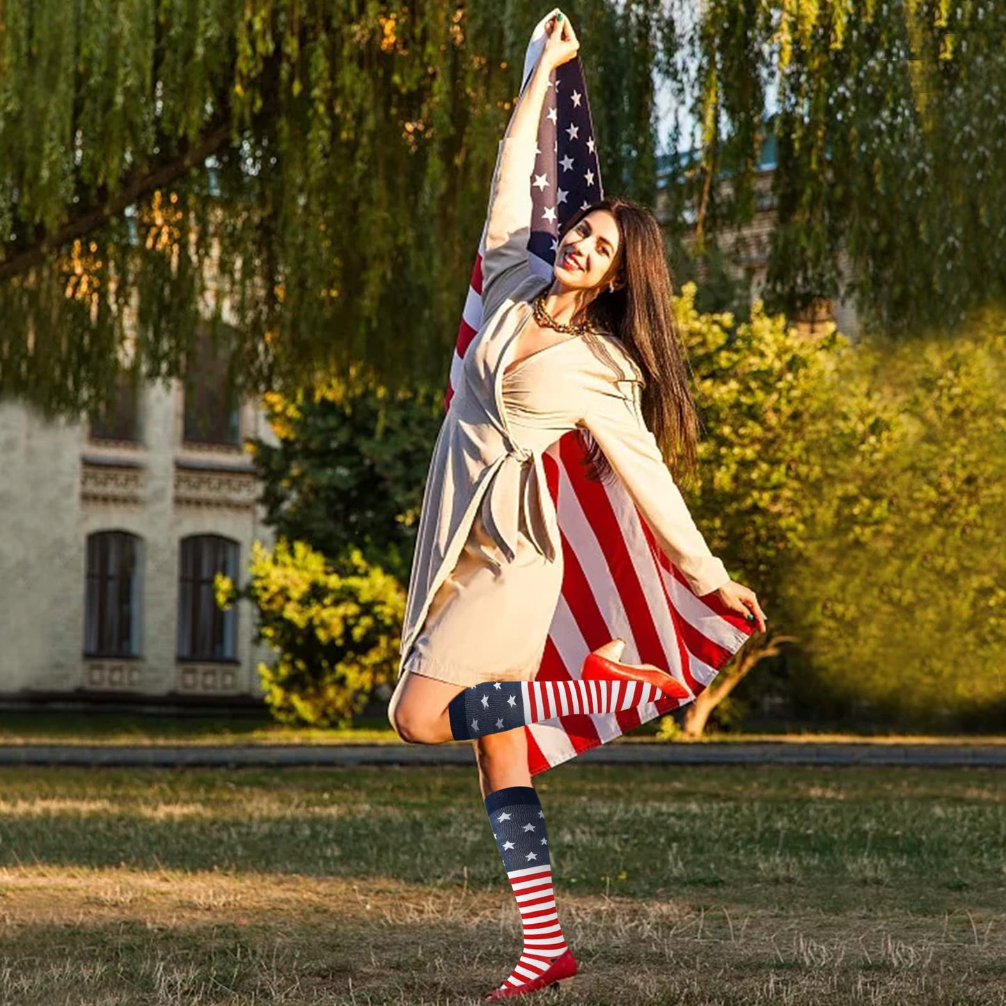 Junely American Flag Compression Socks for Women Patriotic Knee High Socks for 4th of July Running Athletic Nurses Pregnant Women Work Support Travel Flight Sports Gifts Red White Blue
