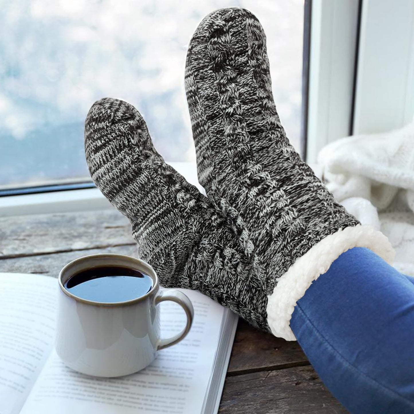 Junely Slipper Socks for Men with Grippers Fuzzy Cozy Fluffy Non Slip Warm Winter Thick Comfy Soft Fleece Cabin Socks Gifts Grey
