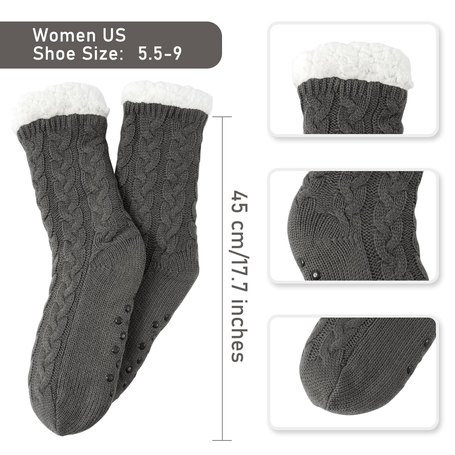 Junely Slipper Socks with Grips for Women Fuzzy Cozy Fluffy Non Slip Warm Winter Thick Comfy Soft Fleece Cabin Socks Grey