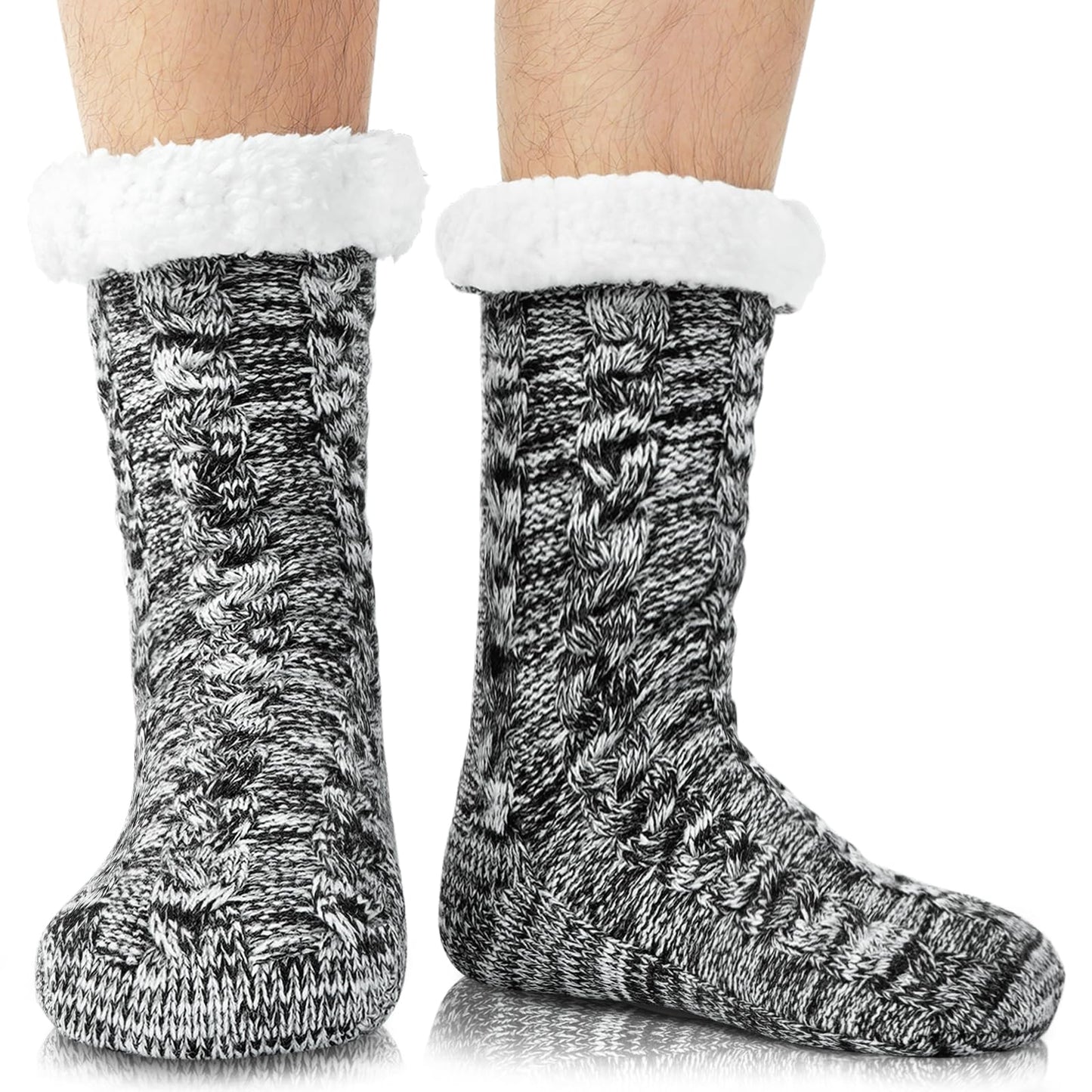 Junely Slipper Socks for Men with Grippers Fuzzy Cozy Fluffy Non Slip Warm Winter Thick Comfy Soft Fleece Cabin Socks Gifts Grey