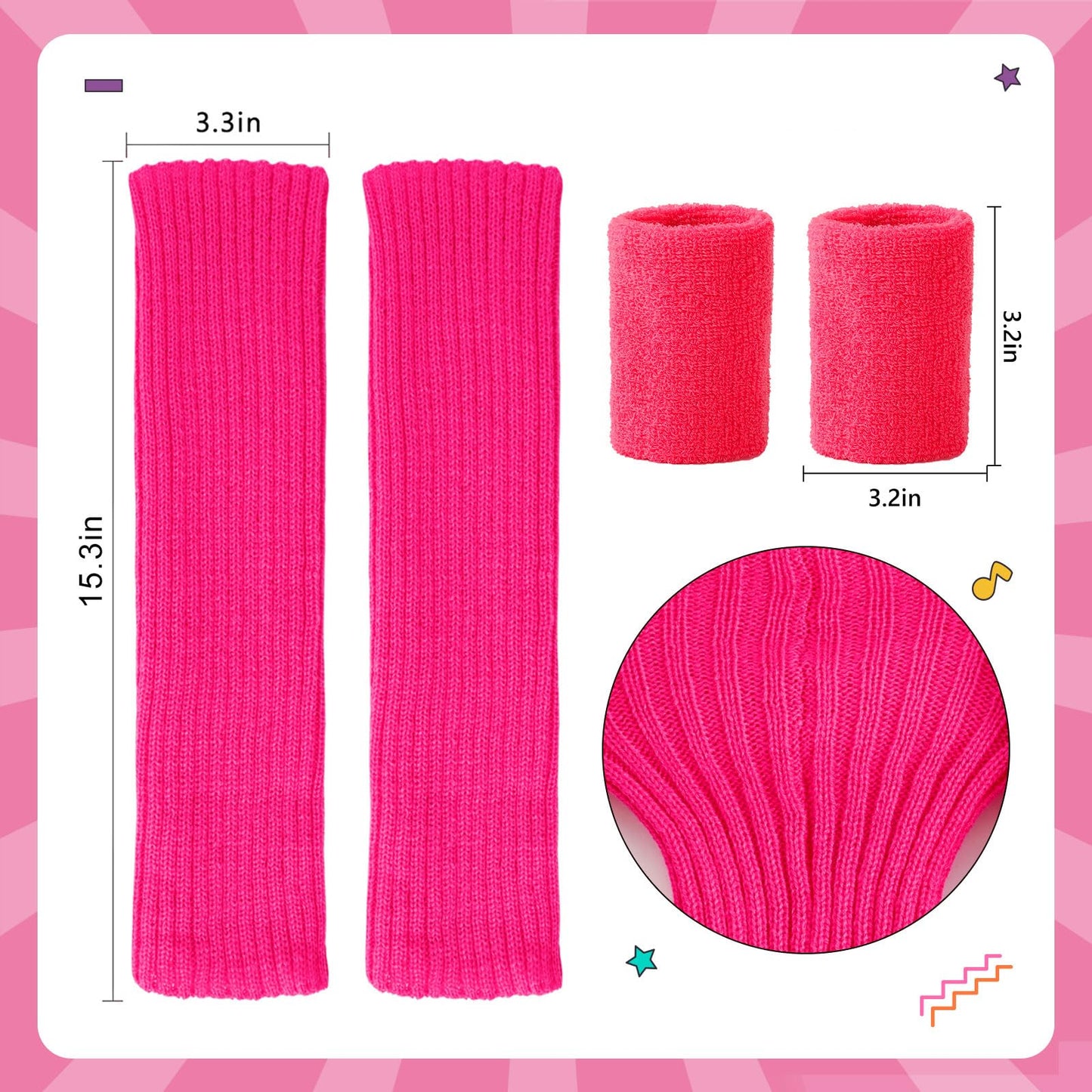 Junely 80s Accessories for Women Neon Leg Warmers Headband and Wristbands Set Knit Legwarmers for Ballet Dance Figure Skating Ice Skating Boot Pink