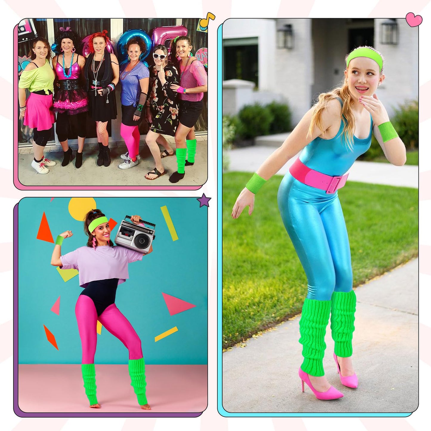 Junely 80s Accessories for Women Neon Leg Warmers Headband and Wristbands Set Knit Legwarmers for Ballet Dance Figure Skating Ice Skating Boot Green