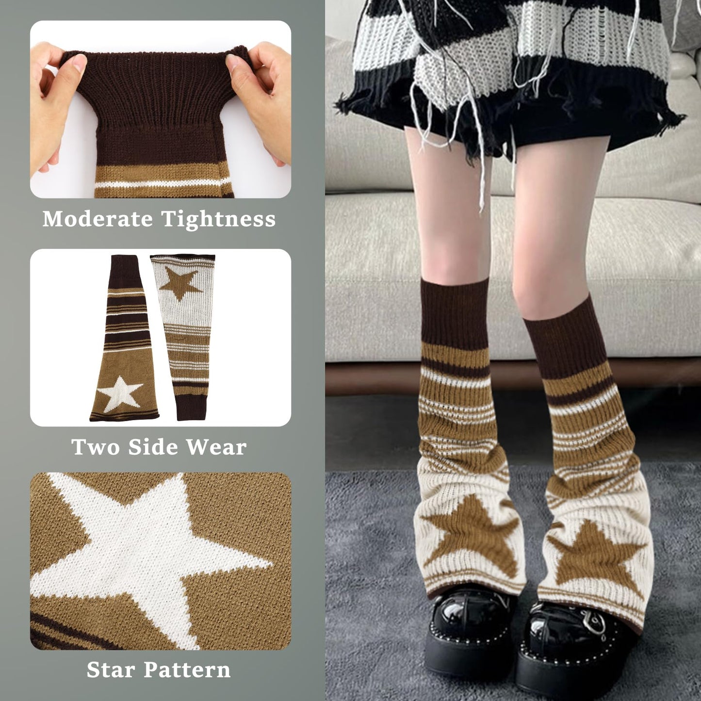 Junely Leg Warmers for Women Winter Kawaii Leg Warmer Cute Star Legwarmers Japanese Socks Halloween Goth Emo Lolita Gyaru Gothic Harajuku Accessories Brown